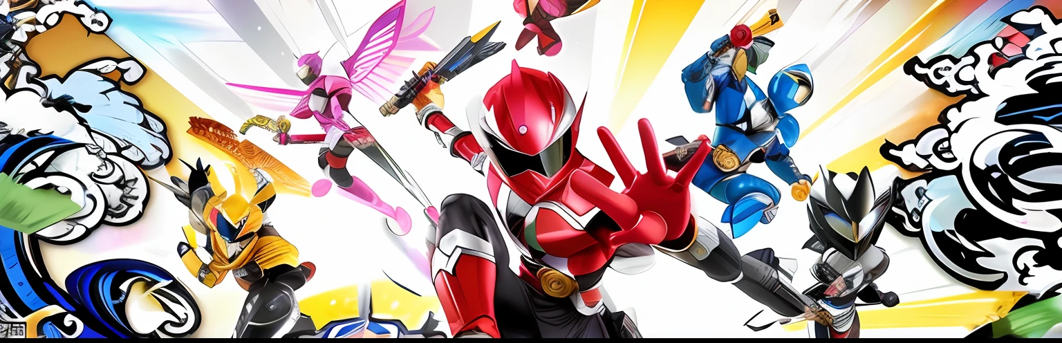 A close-up of a cartoon character with a bunch of different characters, Power Ranger, The Seventh Secret Power Ranger, High Fantasy Kamen Rider, El ninja rojo, Power Rangers Movie, Power Rangers, tokusatsu, Kamen Rider, Personaje de Kamen Rider, promo art, Ninjala, Kamen Rider Fantasma, Arte de la caja de Bandai, Arte clave, hero, Jump jump Heroeic attack