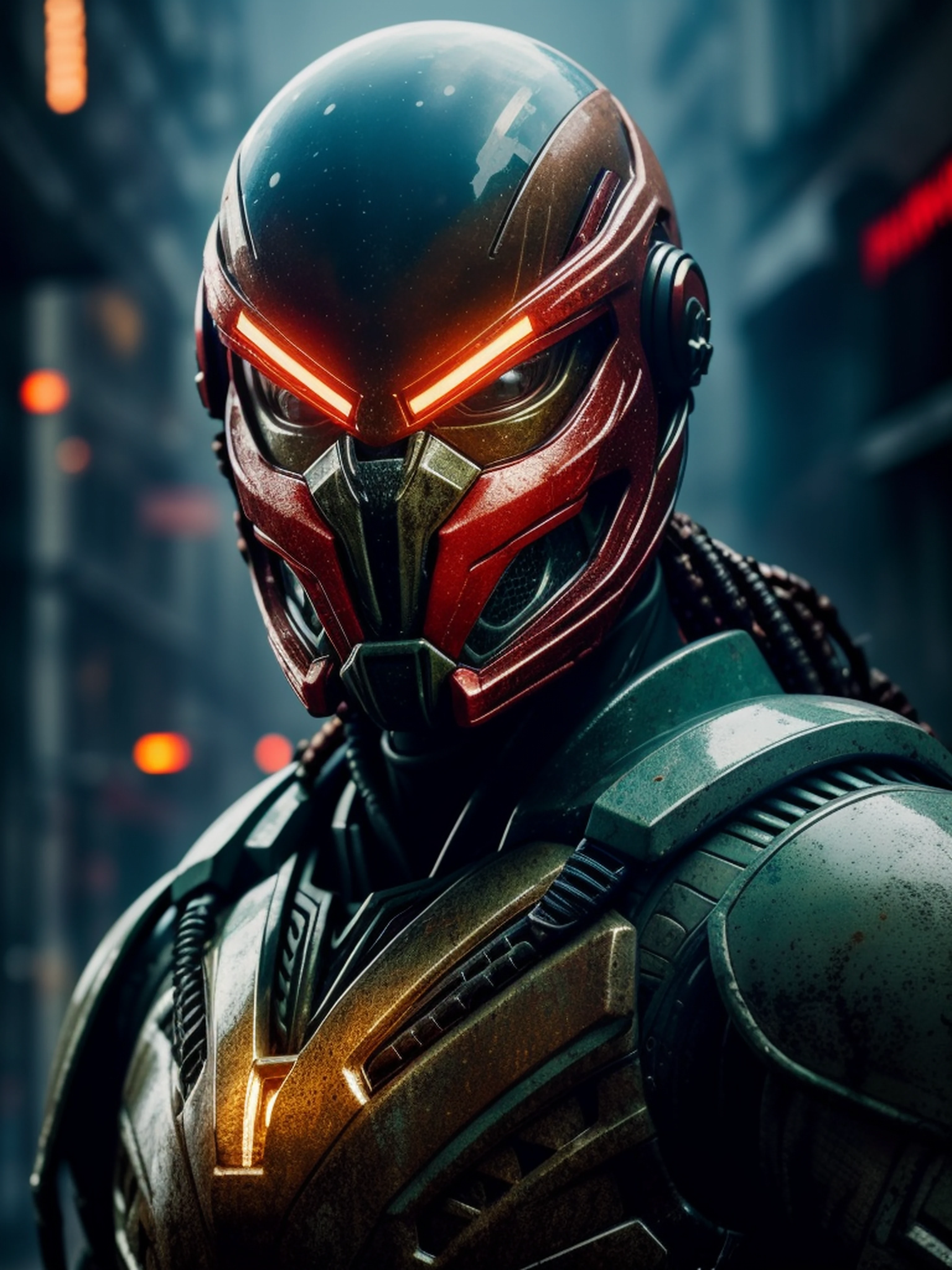 (Character portrait photography based on "The Predator") Mech suit worn in clear camouflage, ((light bokeh)), intricate, ((Translucent) liquid water [rust]), sleek, sharp focus, photo by greg rutkowski, low lighting, vibrant colors, masterpiece, ((streets)), detailed face