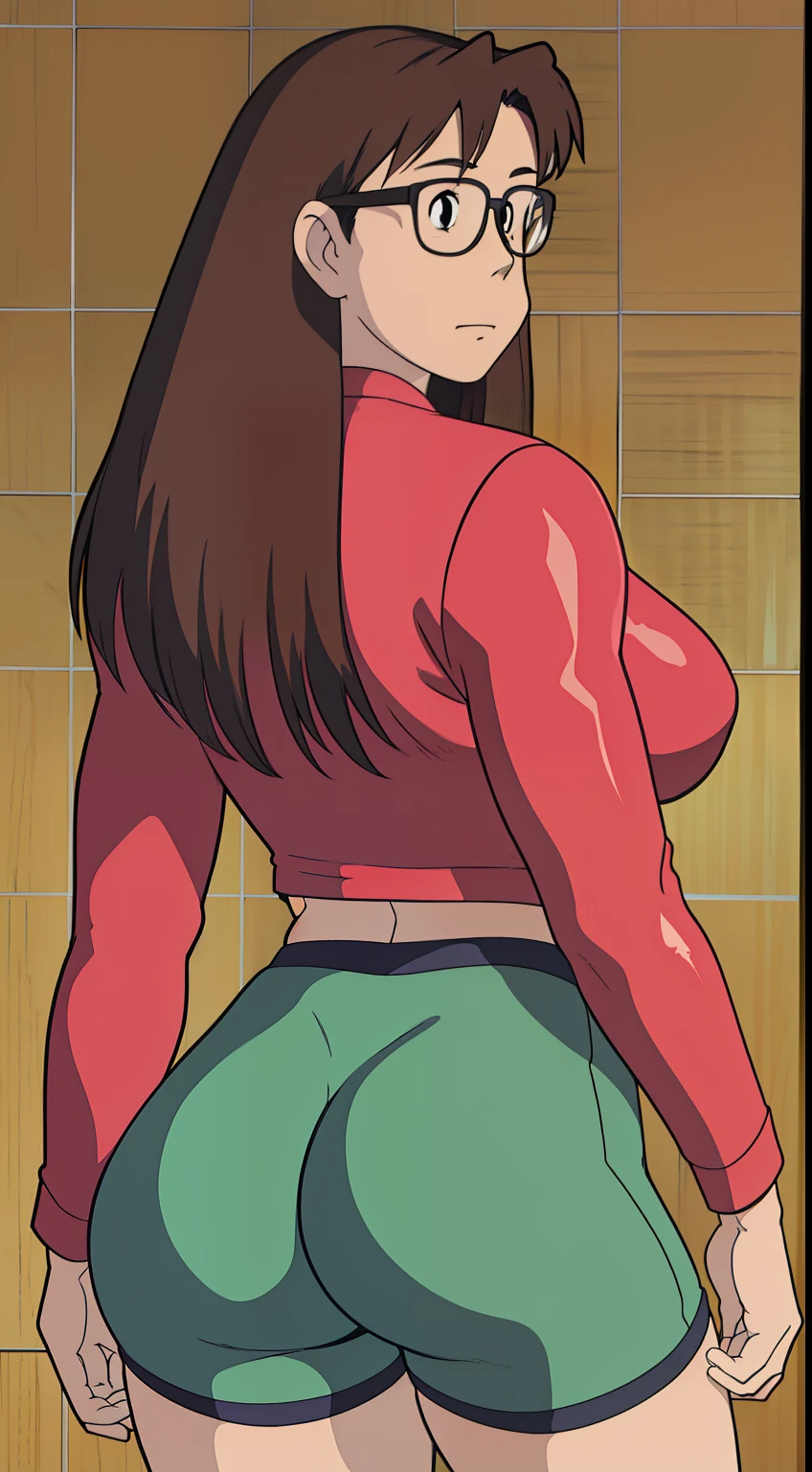 Koyomi mizuhara, glasses, brown hair, long hair,large breasts, Long sleeved shirt, biker shorts, Tight high cut thong, back of view, Wallpaper, ass check view, chikan, ass grab,