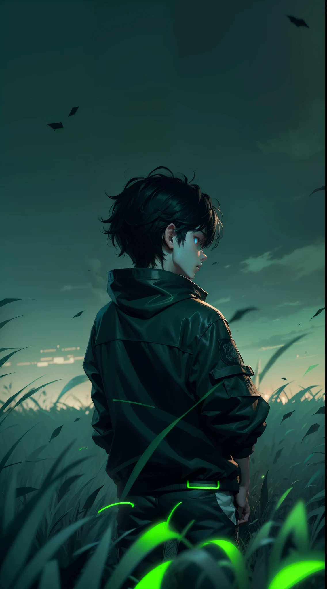 {(Darkness scene:1.2),(neon realy illustration style:1.3),(8k wallpaper:1.1),(desolated:1.1)} (1 boy) [(black skin boy:1.2),(medium hair),(black hair),(12 years old),(black eyes),(sad),(depressed), (Social clothes)] (background: green field)