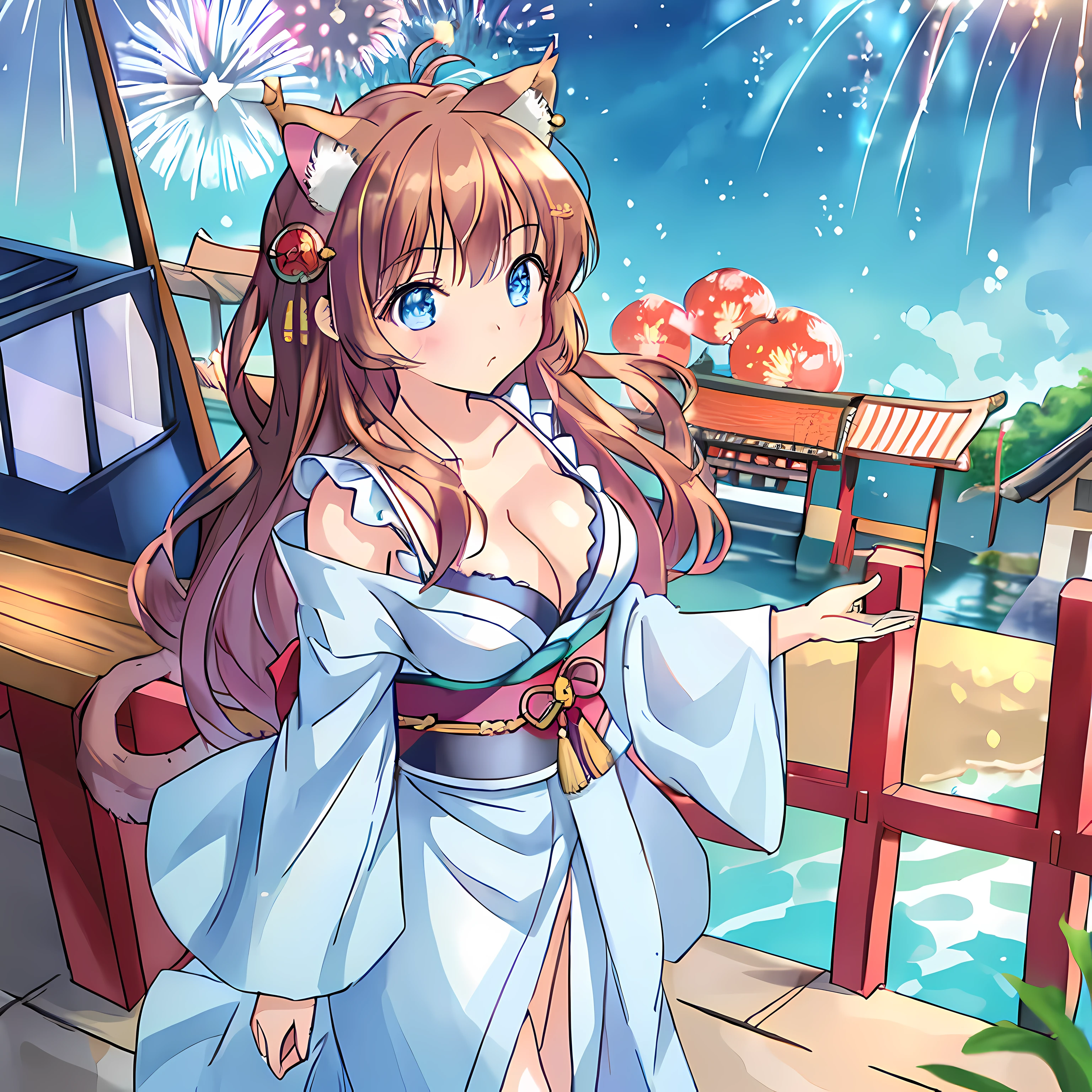 (Highly detailed CG Unity 8k wallpaper), (Best Quality), (Super Detail), (Best Illustration), (Best Shadow), POV, Realistic lighting and shading, Natural light, Lens flare effect, BREAK, 1 beautiful girl, Solo,(Cute:1.5),(Chibi:0.8), (kawaii:1.5),(Lori:0.5), BREAK, ( ( years olirl), Very detailed, colourfull, highest details, BREAK, (Huge breasts: 1. 2,), Clear skin, Beautiful skin, Shy skin, 1 beautiful girl, Brown hair wet with sweat, (Cat ears, Side tail,medium-Long hair: 1. 2), (Light blue eyes, long eyelashes, Double eyelids: 1. 2), Solo, gleaming skin, BREAK,(bath robe,Dark blue obi kimono:1.2), (White ruffled bra shows off:1.2), (star-shaped earring:1.1), (Hair ornament in the shape of the moon:1.0), (Red clogs:1.3), (Arms spread with high tension:1.1), (is standing,Slouched:1.3), Angle from chest to top, (Angle from below,Emphasizes cleavage:1.1), BREAK, (omatsuri:1.2), (Fireworks:1.4), (edo period:1.4), (Summer festival:1.2), (food stand:1.4), Paper Lante