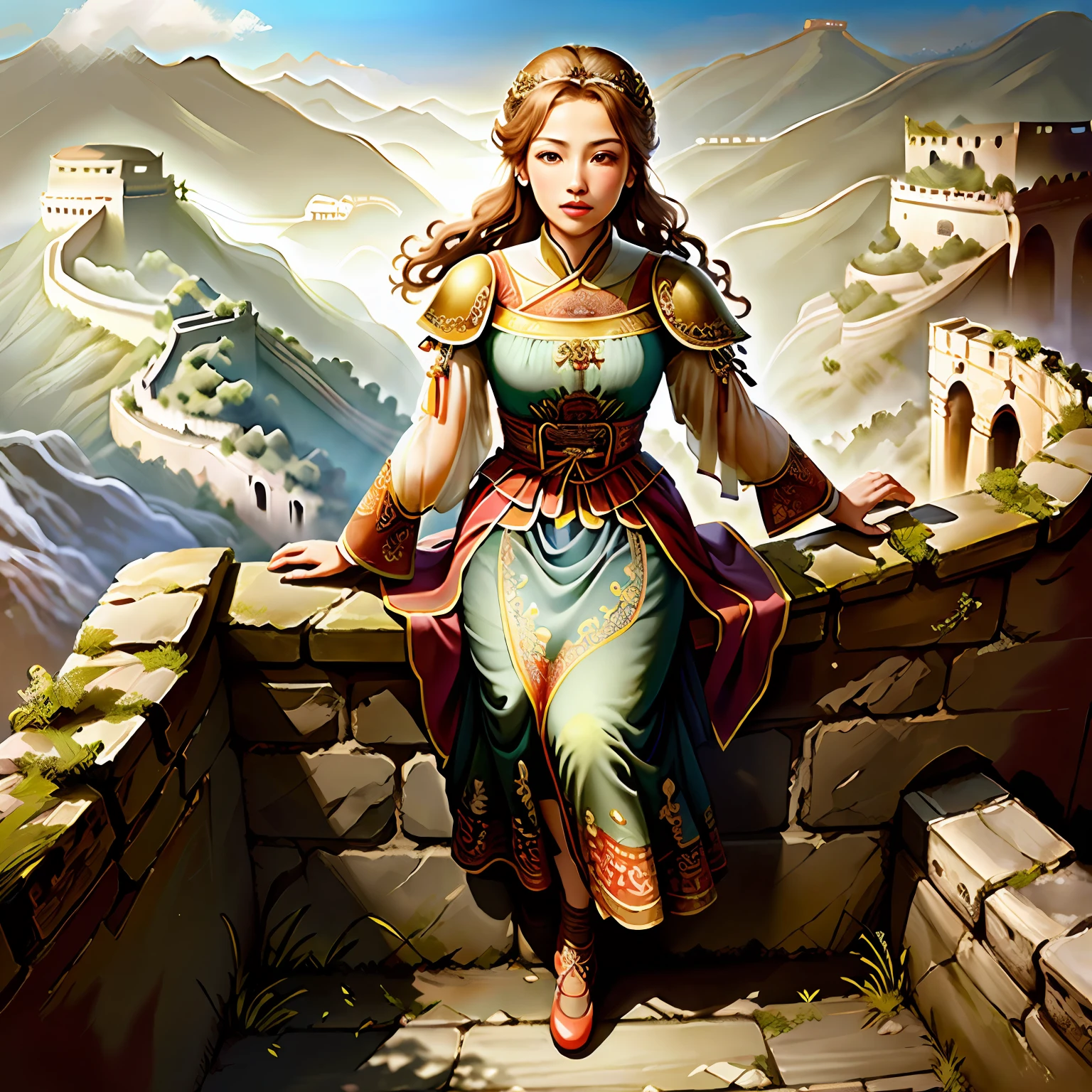 Women's dress Greek classical，On the Great Wall of China,Ancient China，castle wall，tmasterpiece,Need,rays of sunshine,