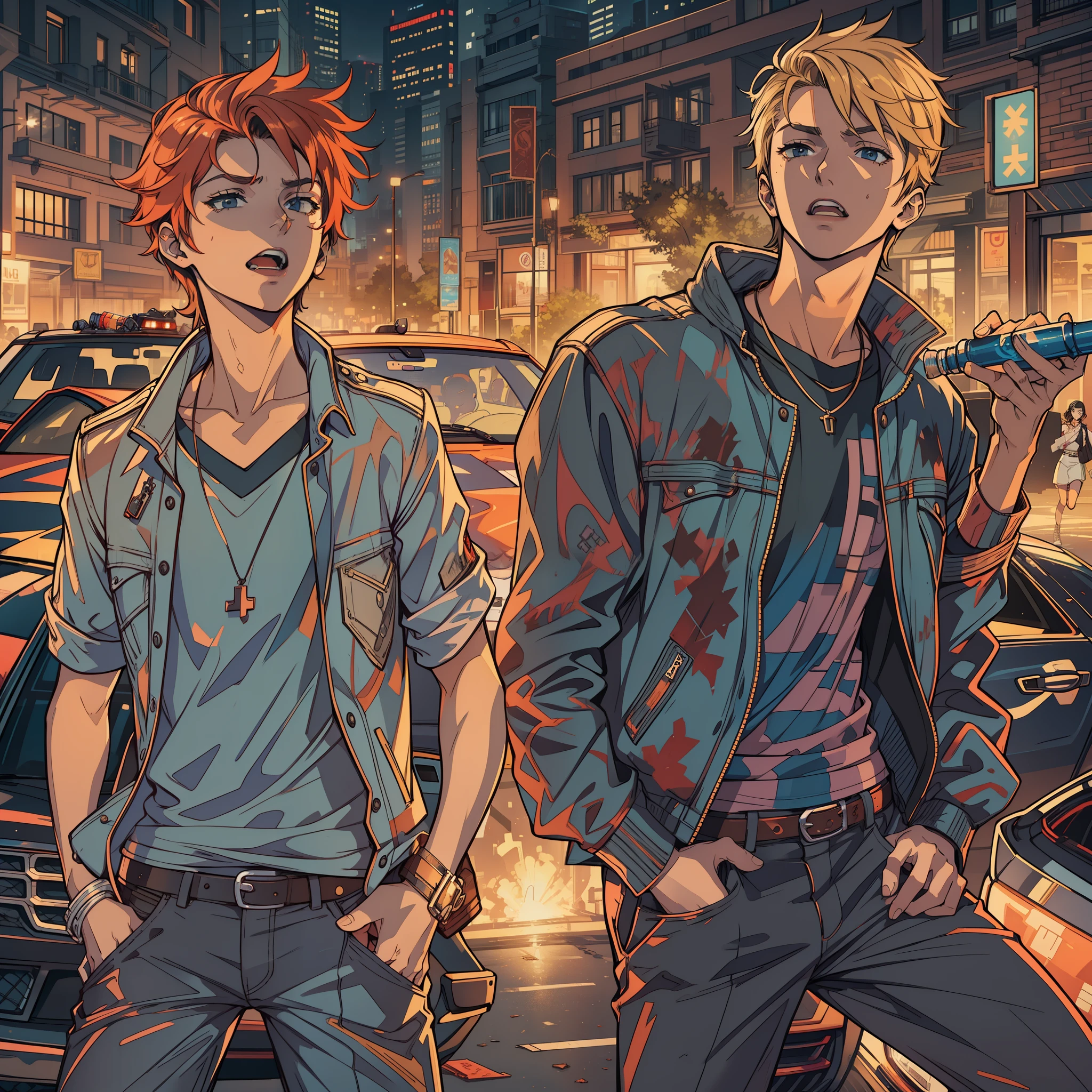 Two rebellious agers, carefree and reckless, driving luxury cars, indulging in alcohol, troublemakers, a night of chaos.