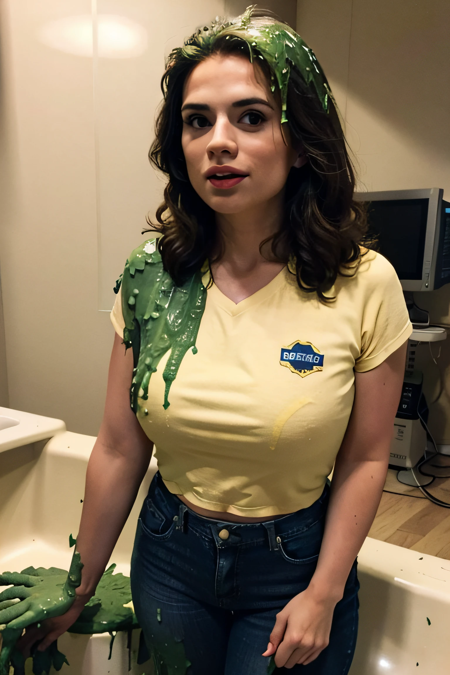 8k, HD, masterpiece, photo-realistic, extreme texture, Hayley Atwell, (1 woman: 1.2), (tan skin: 1.1), wearing a (crew neck t-shirt and jeans) business attire, standing, view from above, she looks up at camera, (slime drips down into her open mouth: 1.5), (television gameshow:1.2), Nickelodeon awards show, television studio