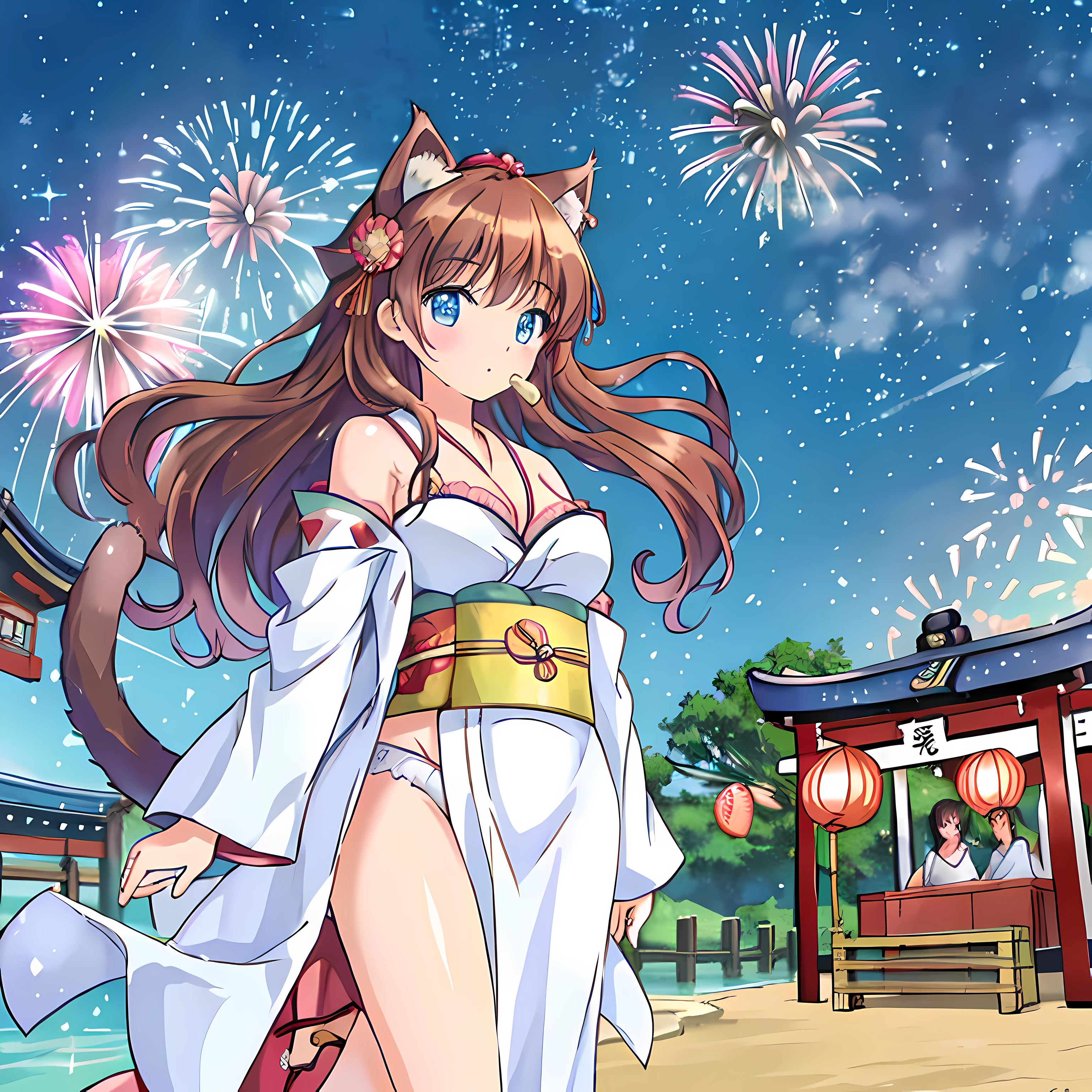 (Highly detailed CG Unity 8k wallpaper), (Best Quality), (Super Detail), (Best Illustration), (Best Shadow), POV, Realistic lighting and shading, Natural light, Lens flare effect, BREAK, 1 beautiful girl, Solo,(Cute:1.5),(Chibi:0.8), (kawaii:1.5),(Lori:0.5), BREAK, ( ( girl), Very detailed, colourfull, highest details, BREAK, (Huge breasts: 1. 2,), Clear skin, Beautiful skin, Shy skin, 1 beautiful girl, Brown hair wet with sweat, (Cat ears, Side tail,medium-Long hair: 1. 2), (Light blue eyes, long eyelashes, Double eyelids: 1. 2), Solo, gleaming skin, BREAK,(bath robe,Dark blue obi kimono:1.2), (White ruffled bra shows off:1.2), (star-shaped earring:1.1), (Hair ornament in the shape of the moon:1.0), (Red clogs:1.3), (Arms spread with high tension:1.1), (is standing,Slouched:1.3), Angle from chest to top, (Angle from below,Emphasizes cleavage:1.1), BREAK, (omatsuri:1.2), (Fireworks:1.4), (edo period:1.4), (Summer festival:1.2), (food stand:1.4), Paper Lante
