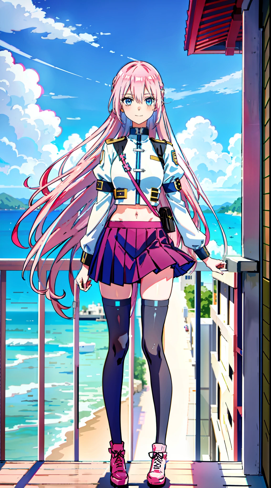 shikimori, slim legs, exposed navel, short skirt, beautiful eyes, blue eyes, happy, soldier uniform, pink hair, long hair, thigh high socks, balcony, full body, leaning
