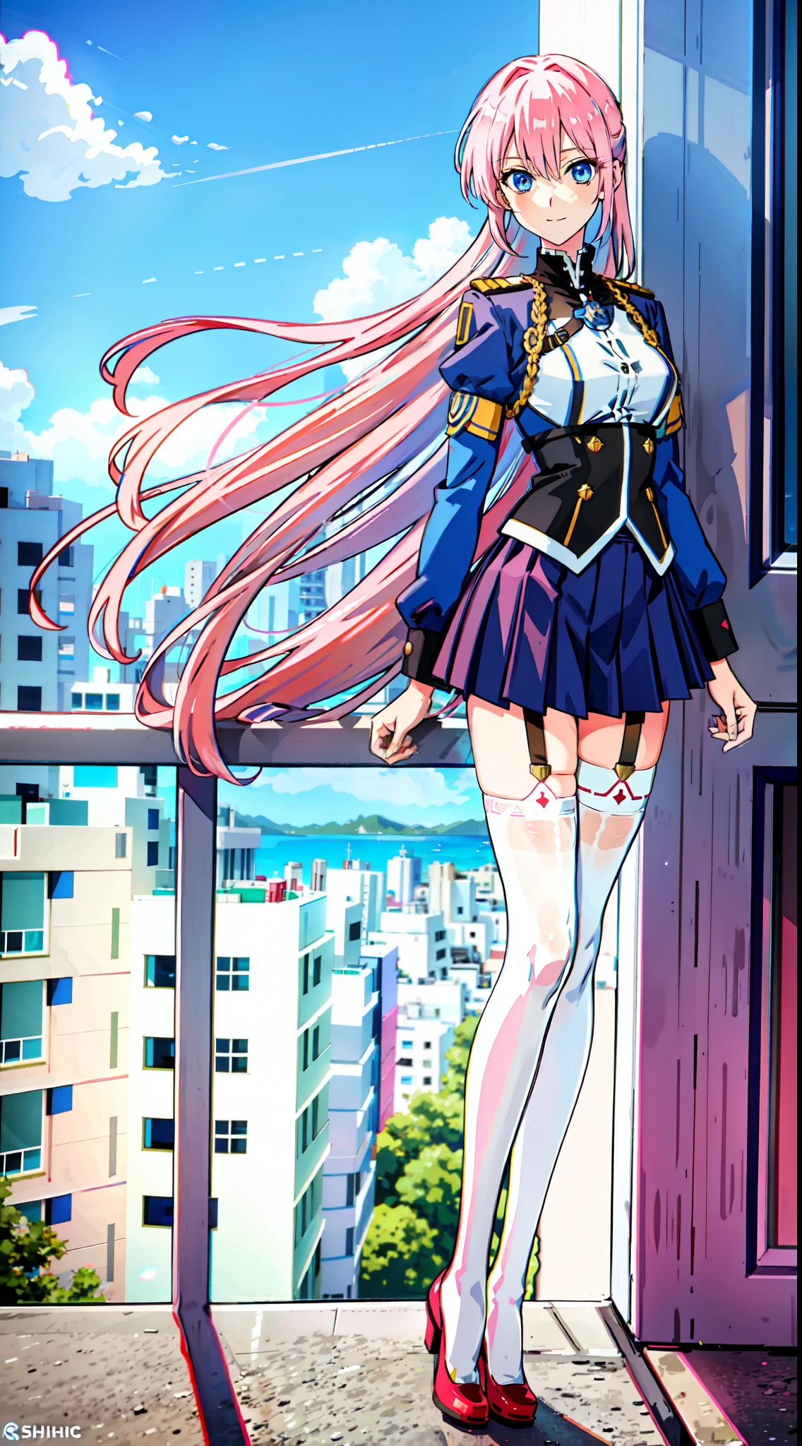 shikimori, slim legs, exposed navel, short skirt, beautiful eyes, blue eyes, happy, soldier uniform, pink hair, long hair, thigh high socks, balcony, full body, leaning