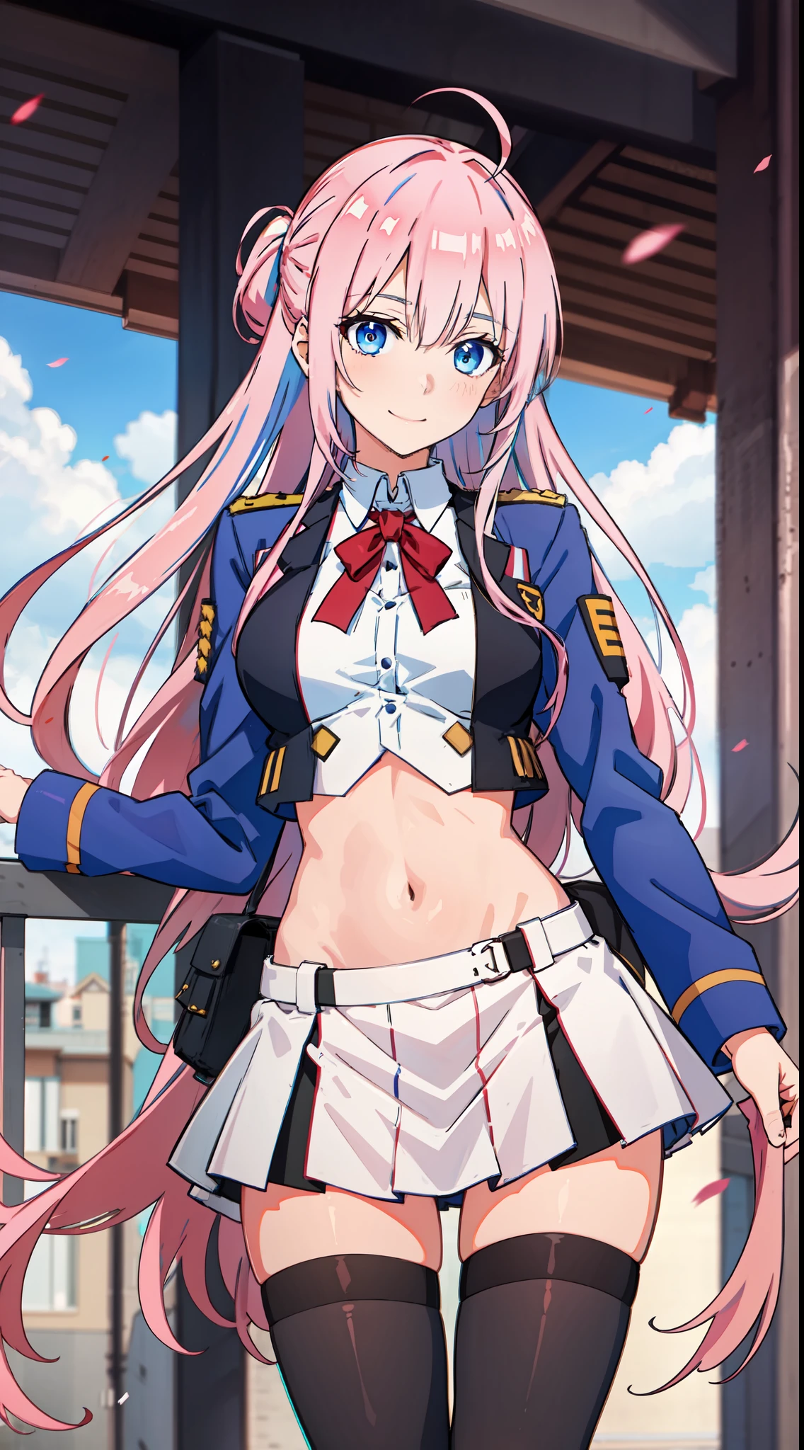 shikimori, slim legs, exposed navel, short skirt, beautiful eyes, blue eyes, happy, soldier uniform, pink hair, long hair, thigh high socks, balcony, full body,