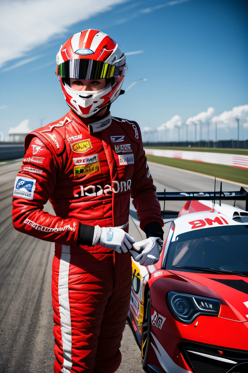 You are a talented illustrator tasked with creating a stunning image of a racing driver wearing a stylish jumpsuit with the colors red, preto e branco, with helmet on head. Let your creativity flow as you design a unique, modern jumpsuit, com detalhes que realcem a personalidade do piloto. Be sure to represent the racing jumpsuit in precise detail, that reflect the passion and competitive spirit of the driver. Create a dynamic scene with the pilot, highlighting his confident stance and determination. The backdrop can be a race track or an environment that complements the driver's style. Let the image convey the excitement and adrenaline of racing, making the racing driver the protagonist of this stylish and inspiring composition.
