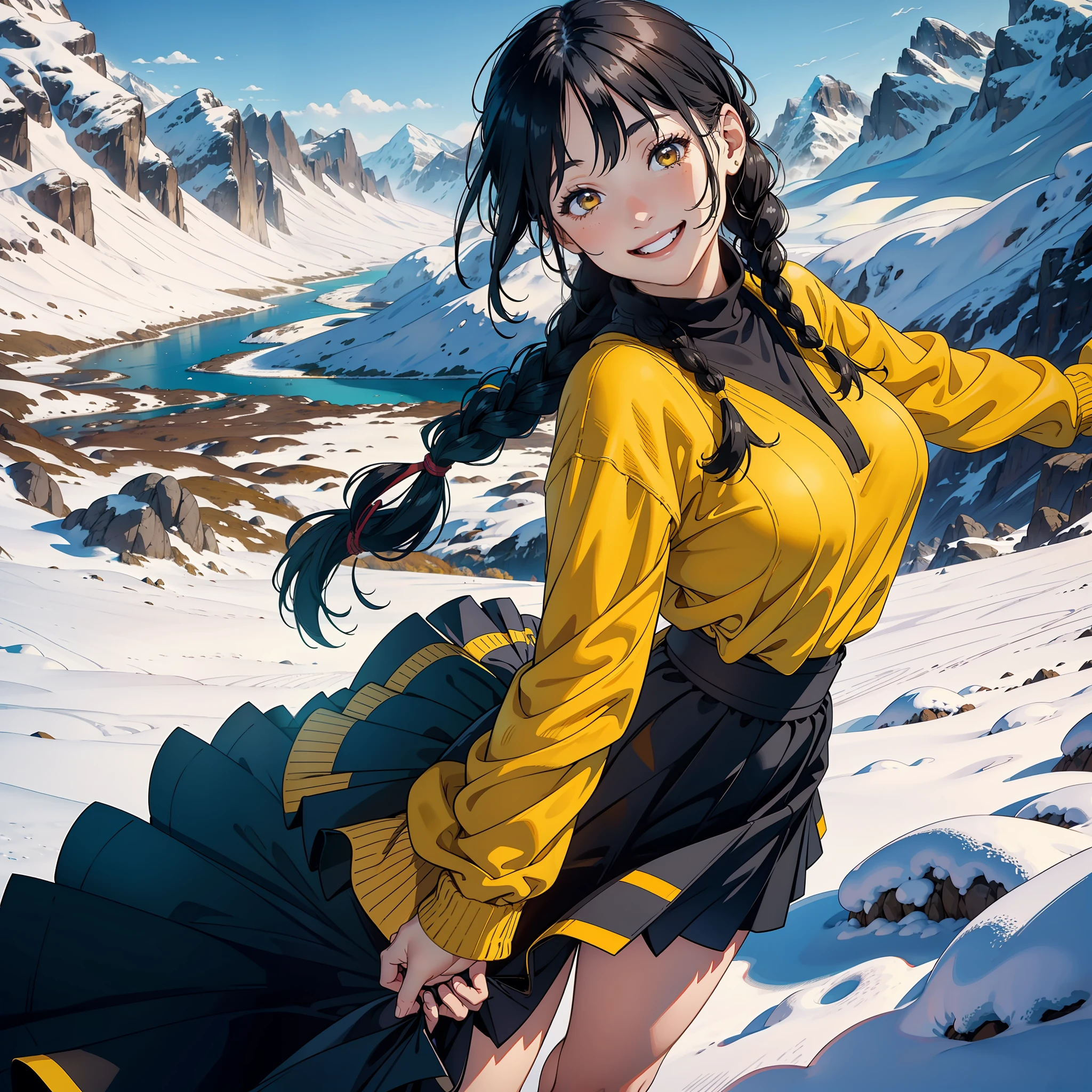 Happy woman, biggest smile, black hair, tied in double braid, yellow sweater, black skirt, dancing with strangers, mountain area, beautiful landscape, snowy, amazing shot, movie, beautiful shot