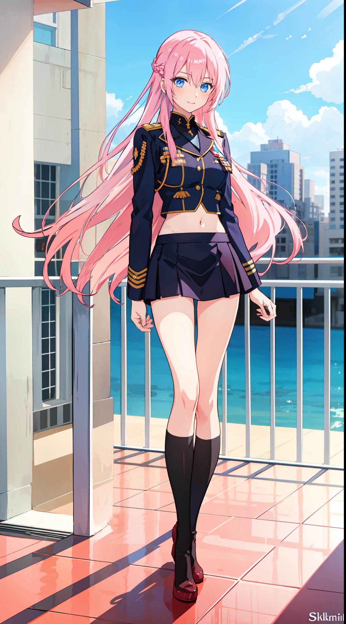 shikimori, slim legs, navel, short skirt, beautiful eyes, blue eyes, happy, soldier uniform, pink hair, long hair, thigh high socks, balcony, full body, leaning, tummy