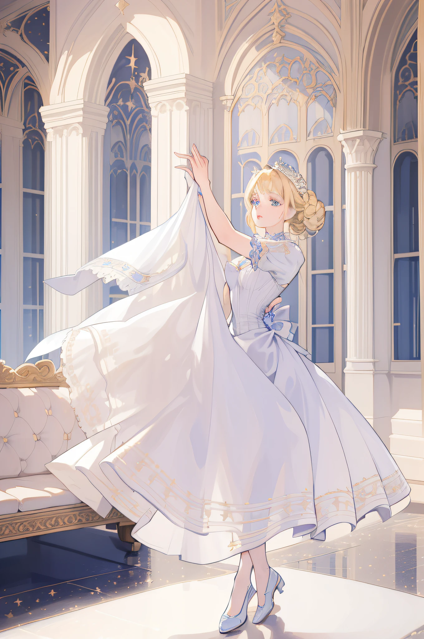 Woman with blonde hair, blue eyes, white dress, dancing, royalty, nobility, princess, elegant, victorian, beautiful woman, 1 woman, stars, palace, castle, high quality, highly detailed, detailed face, masterpiece, dance, dance , dancing, woman dancing