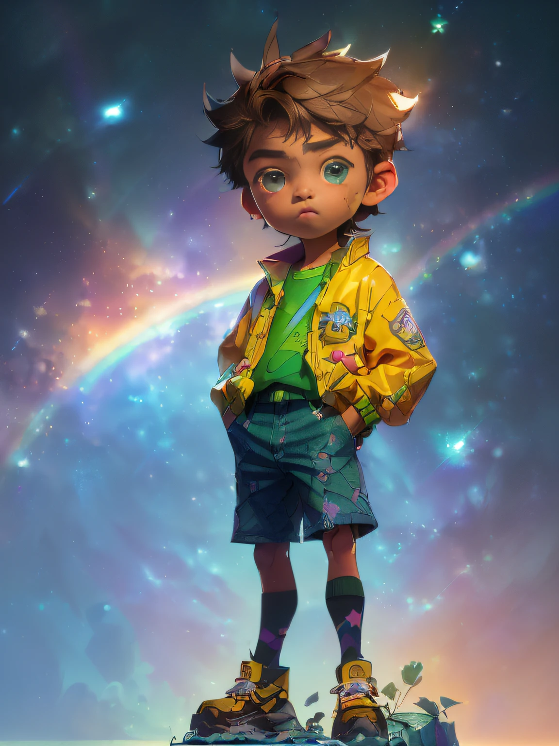 (((rainbow daytime sky)), 10 year old boy, masterpiece, highest quality, (((Photorealistic: 1.4)), masterpiece, illustration, very delicate and beautiful, highly detailed CG, 8k wallpaper, amazing, fine detail, highly detailed CG Unity 8k wallpaper, huge file size, ultra detail, ultra high resolution, high resolution, very detailed, ((Highly detailed eyes and face)), Beautiful detailed eyes, highly detailed face, perfect lighting, light on the face, natural colors, (((10-year-old boy)), departure, (rough style with the whole body including both legs)), the future is bright, ((rainbow daytime sky))