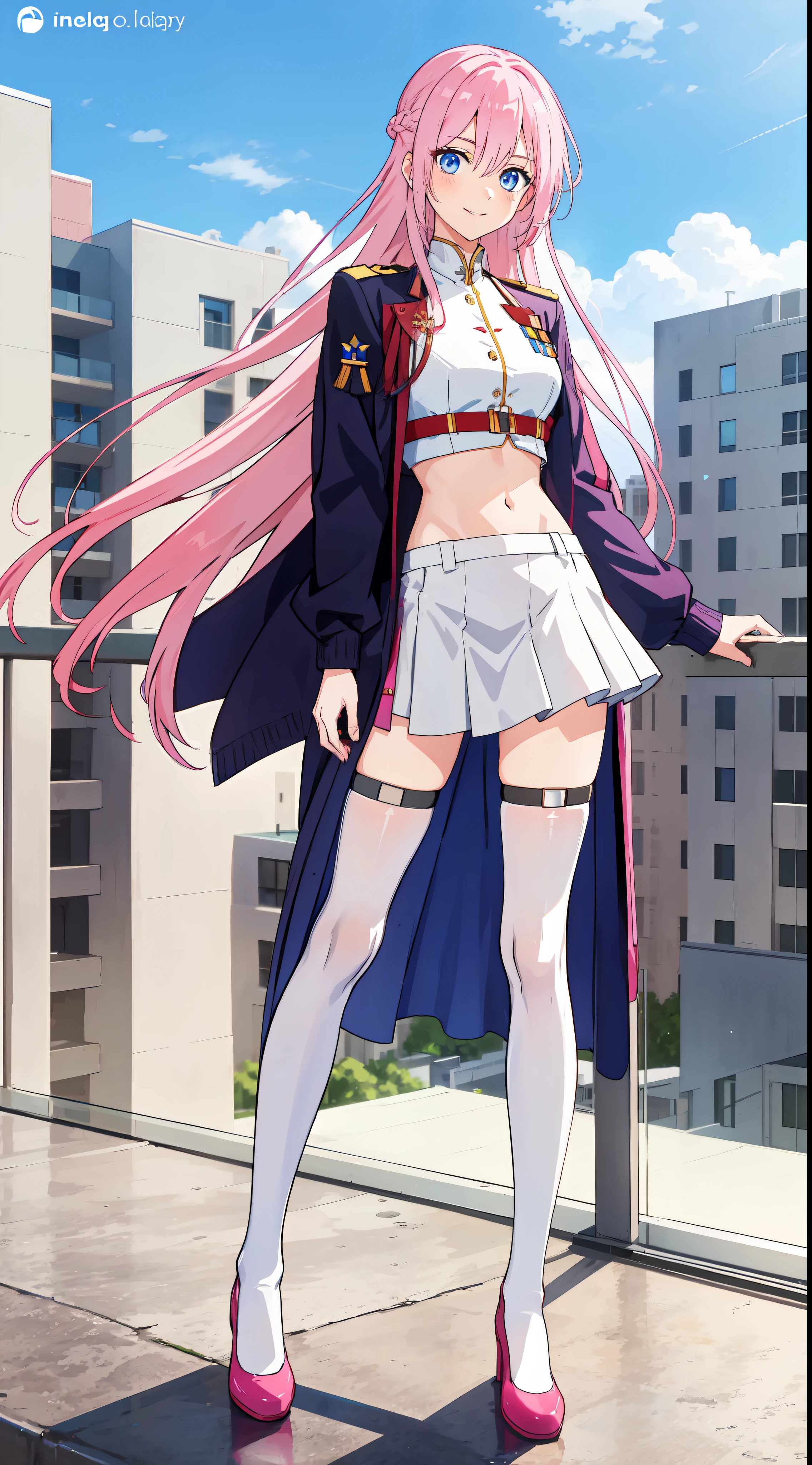 shikimori, slim legs, navel, short skirt, beautiful eyes, blue eyes, happy, soldier uniform, pink hair, long hair, thigh high socks, balcony, full body, leaning, tummy