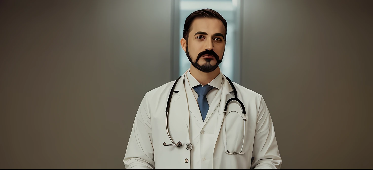"Doctor with beard and mustache, office, mantar o mesmo rosto."