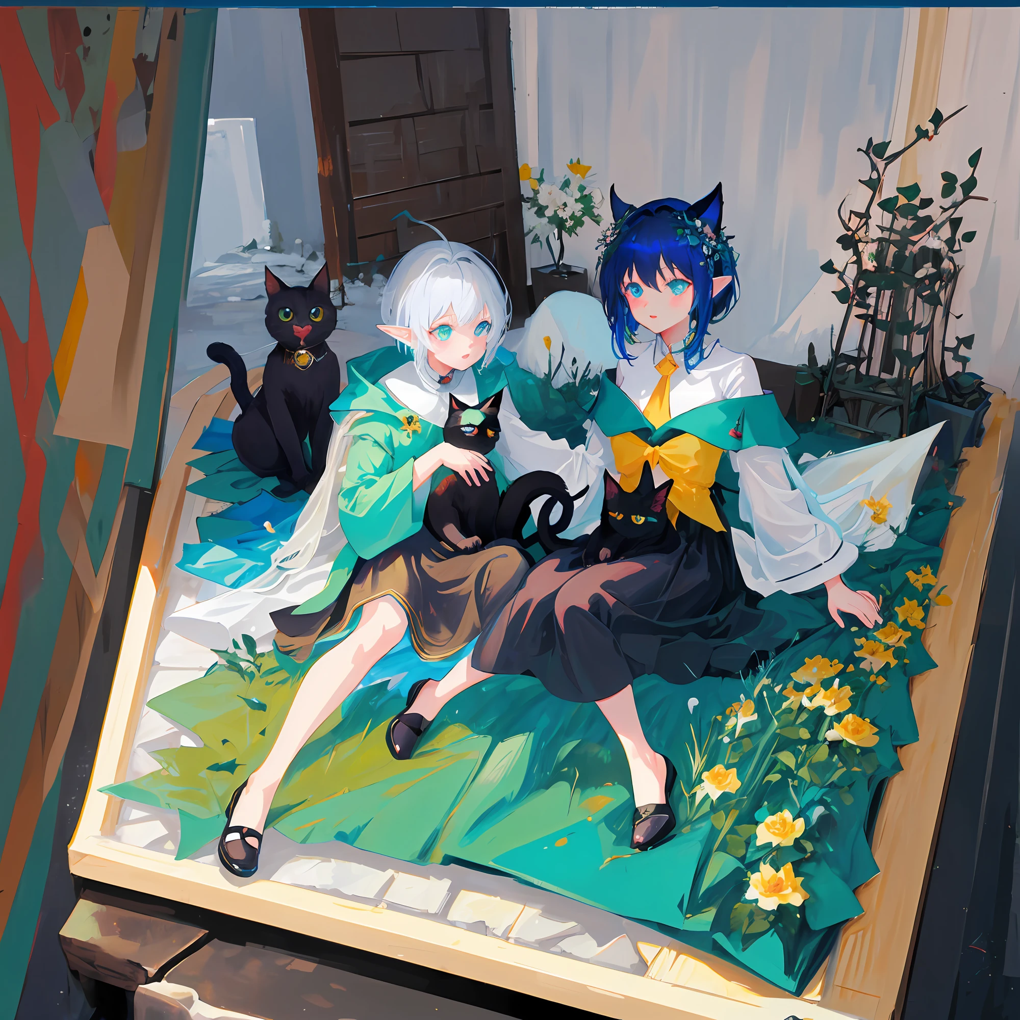 blue short hair，Kizi，the elf，Has transparent wings，Wearing a princess dress，Holding flowers，There is a black cat，There is a white cat，Beautiful painting style，
