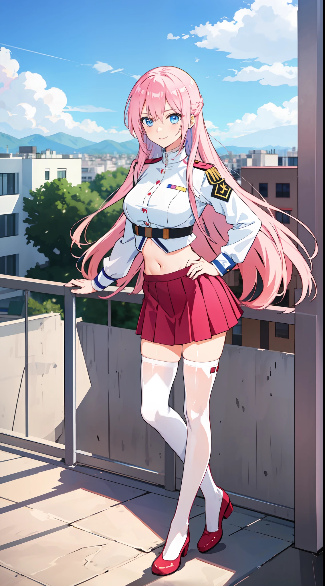 shikimori, slim legs, navel, short skirt, beautiful eyes, blue eyes, happy, soldier uniform, pink hair, long hair, thigh high socks, balcony, full body, leaning, tummy