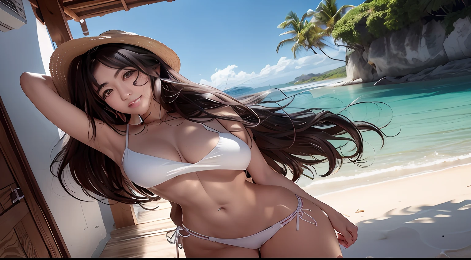 arafed woman in a white bikini posing on a beach, Realistic bikini, Garota sexy, roupa de banho, corpo perfeito fotorrealista, Beautiful Asian girl, swimsuit model, na praia, na praia, Anime Menina Tailandesa, menina anime sedutora, mulher bonita sedutora do anime, traje: sbikini, gorgeous bikini model, Asian girl, bikini model, em uma praia ensolarada