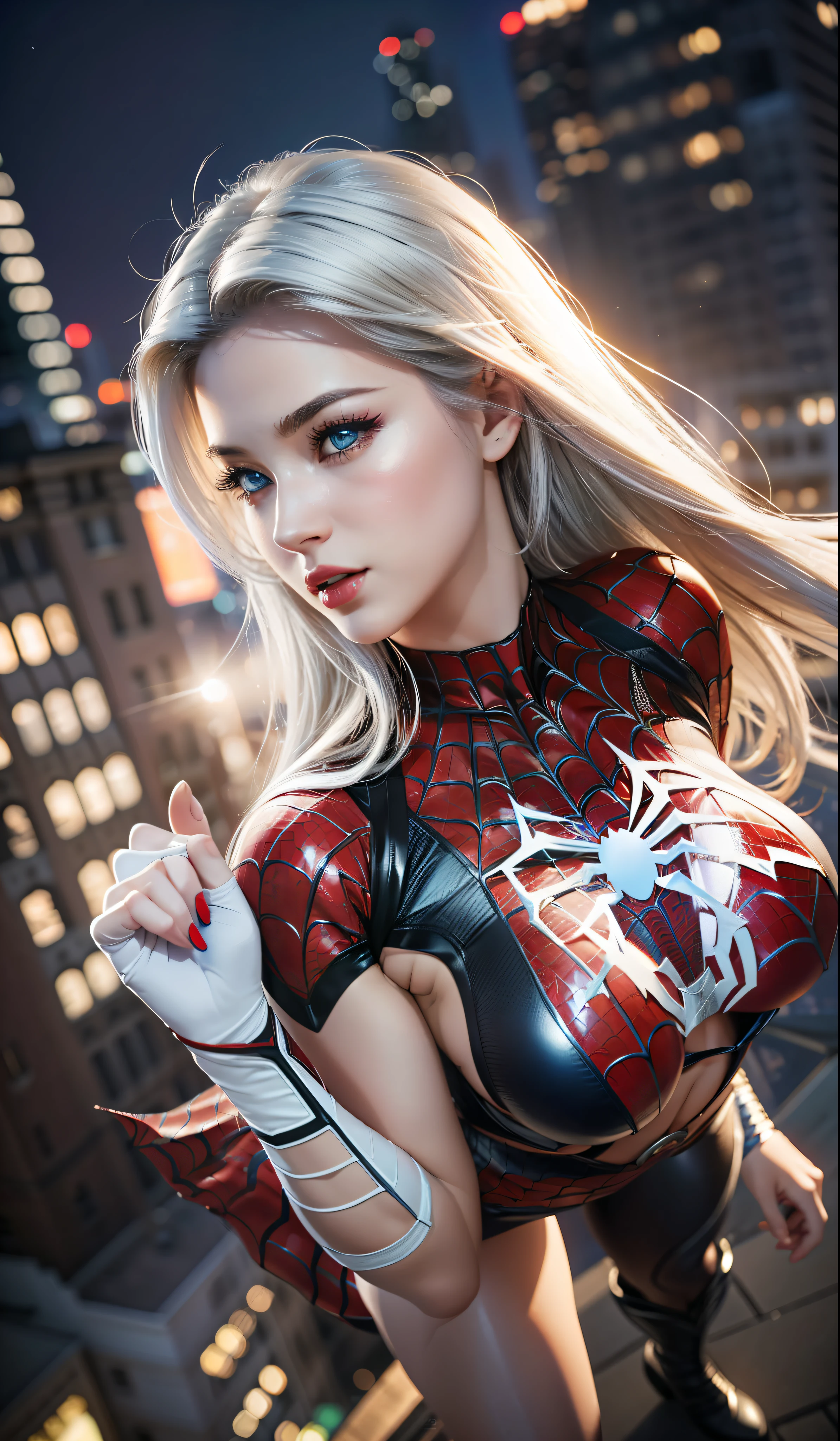 (masterpiece:1.4), (8k, photorealistic, RAW photo, best quality: 1.4), japanese, (1girl), beautiful face, (realistic face:1.4), (white hair, long hair:1.3), beautiful hairstyle, beautiful detailed eyes, (best ratio eyes:1.5), attractive, ultra high res, ultra realistic, highly detailed, best ratio, (detailed face:1.4), looking at viewer, red lipsticks, (best ratio fingers:1.5), (White superhero theme, charismatic, there's a girl on top of town, wearing lingerie Spider-Man costume, she's a superhero), [ ((25 years), full body, (realistic blue eyes:1.2), ((Spider-Man pose), show of strength, jumping from one building to another), ((sandy urban environment):0.8)| (cityscape, at night, dynamic lights), (full moon))] # Explanation: The Prompt mainly describes a 4K painting of ultra-high definition, very realistic, very detailed. It shows a superheroine at the top of the city, wearing a Spider-Man costume. The theme in the painting is a white superhero theme, the female protagonist has long white hair, is 25 years old and her entire body is shown in the painting. In terms of portraying the actions of superheroines, spiders are employed, (no bra:1.4), perky_nipples, ((exposed_nipples, exposed breasts, high proportional realistic breasts, realistic big breasts):1.3), (closed mouth:1.4), (camel_toe_pussy:1.3), innie_pussy,