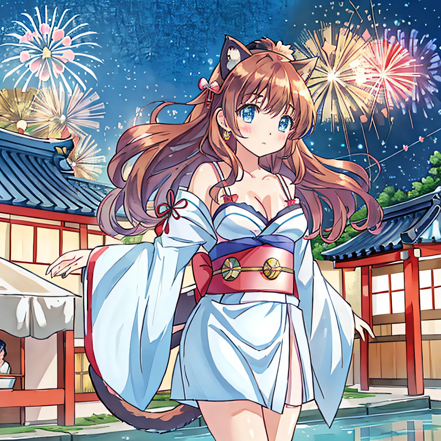 (Highly detailed CG Unity 8k wallpaper), (Best Quality), (Super Detail), (Best Illustration), (Best Shadow), POV, Realistic lighting and shading, Natural light, Lens flare effect, BREAK, 1 beautiful girl, Solo,(Cute:1.5),(Chibi:0.8), (kawaii:1.5),(Lori:0.5), BREAK, ( ( girl), Very detailed, colourfull, highest details, BREAK, (Huge breasts: 1. 2,), Clear skin, Beautiful skin, Shy skin, 1 beautiful girl, Brown hair wet with sweat, (Cat ears, Side tail,medium-Long hair: 1. 2), (Light blue eyes, long eyelashes, Double eyelids: 1. 2), Solo, gleaming skin, BREAK,(bath robe,Dark blue obi kimono:1.2), (White ruffled bra shows off:1.2), (star-shaped earring:1.1), (Hair ornament in the shape of the moon:1.0), (Red clogs:1.3), (Arms spread with high tension:1.1), (is standing,Slouched:1.3), Angle from chest to top, (Angle from below,Emphasizes cleavage:1.1), BREAK, (omatsuri:1.2), (Fireworks:1.4), (edo period:1.4), (Summer festival:1.2), (food stand:1.4), Paper Lante