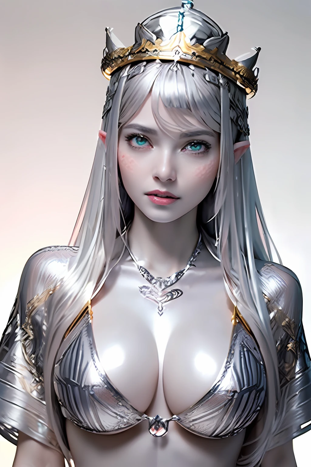 Ultra-detailed complex 3D rendering of the face, (masterpiece, top quality, octane rendering,), glamour shots full body image, very beautiful young elves, cleavage, (highly detailed skin: 1.2), (exposure: 1.1), ((blue micro bikini: 1.95)))). , 8k, (((very soft breasts)), (((conspicuous large pink areola)), beautiful Caucasian woman with white skin with full soft breasts with big buttocks, one, long braided hair, big breasts, dynamic angles, (((huge breasts: 2.4)), ultra-realistic photos, ((((((silver hair)))), futuristic urban background, facial muscles, (((((detailed and glamorous silver crown)))), In the style of Marvel Comics, ArtStation Trends, Clear Focus, Intricate Details, Very Detailed, Detailed Green Eyes, Sharp Focus, Digital Rendering, Professional, Abs, Lip Gloss, Glossy Skin, Sexy Pose, Golden Tattoo All Over Body, Silver Pattern All Over Body, Silver Lame Skin, Gold Glitter Skin, Mansuji, Buttocks, Jeweled All Over the Body, with silver scales, silver hair,