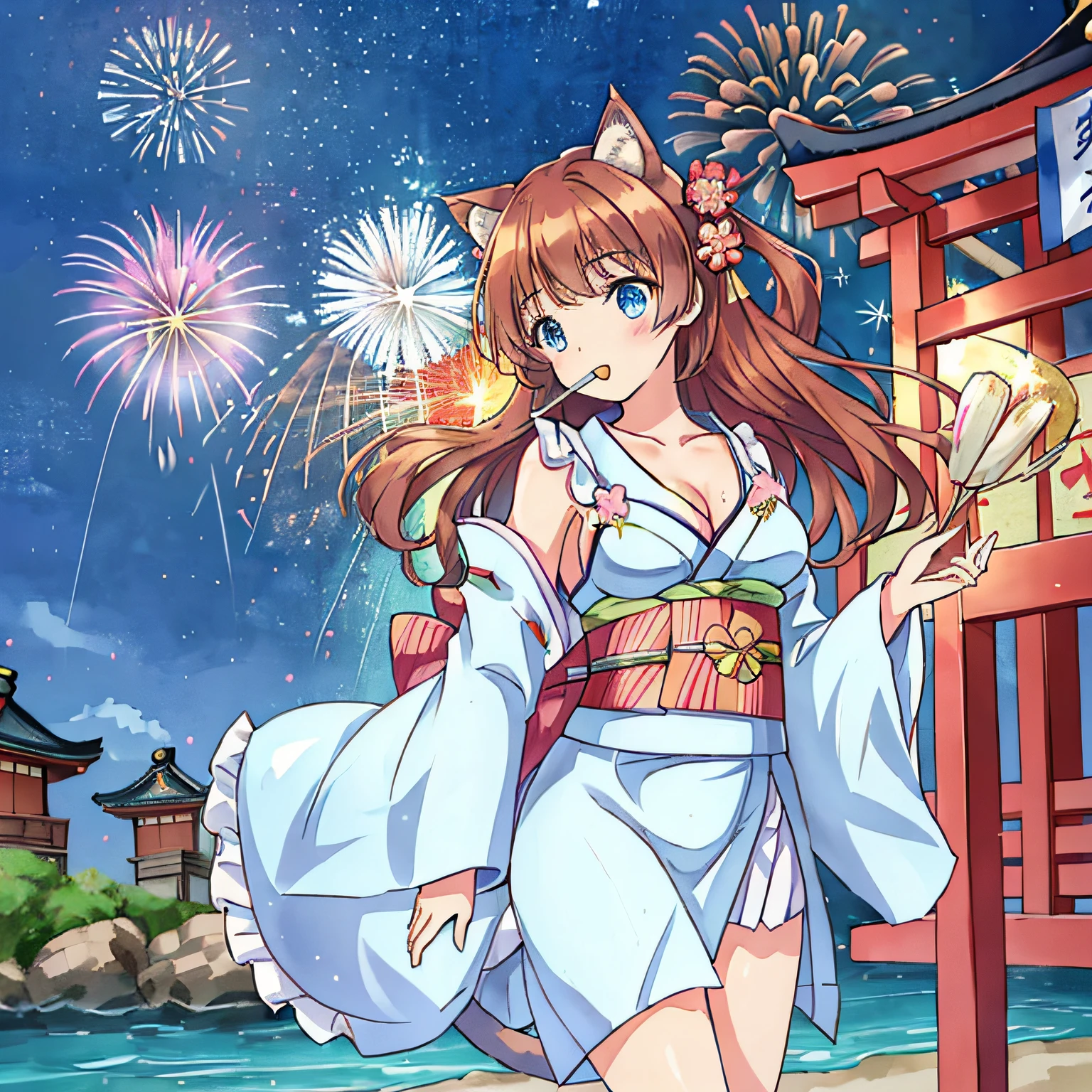 (Highly detailed CG Unity 8k wallpaper), (Best Quality), (Super Detail), (Best Illustration), (Best Shadow), POV, Realistic lighting and shading, Natural light, Lens flare effect, BREAK, 1 beautiful girl, Solo,(Cute:1.5),(Chibi:0.8), (kawaii:1.5),(Lori:0.5), BREAK, ( ( girl), Very detailed, colourfull, highest details, BREAK, (Huge breasts: 1. 2,), Clear skin, Beautiful skin, Shy skin, 1 beautiful girl, Brown hair wet with sweat, (Cat ears, Side tail,medium-Long hair: 1. 2), (Light blue eyes, long eyelashes, Double eyelids: 1. 2), Solo, gleaming skin, BREAK,(bath robe,Dark blue obi kimono:1.2), (White ruffled bra shows off:1.2), (star-shaped earring:1.1), (Hair ornament in the shape of the moon:1.0), (Red clogs:1.3), (Arms spread with high tension:1.1), (is standing,Slouched:1.3), Angle from chest to top, (Angle from below,Emphasizes cleavage:1.1), BREAK, (omatsuri:1.2), (Fireworks:1.4), (edo period:1.4), (Summer festival:1.2), (food stand:1.4), Paper Lante