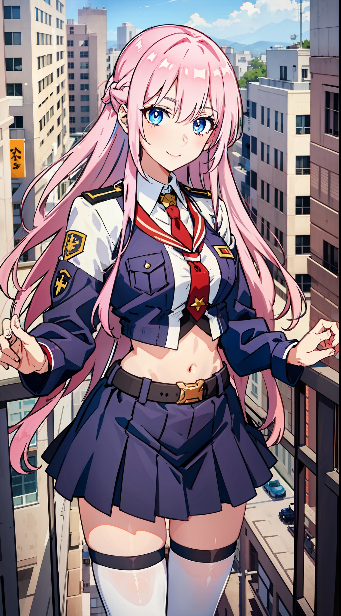 shikimori, slim legs, exposed navel, short skirt, beautiful eyes, blue eyes, happy, soldier uniform, pink hair, long hair, thigh high socks, balcony, full body,