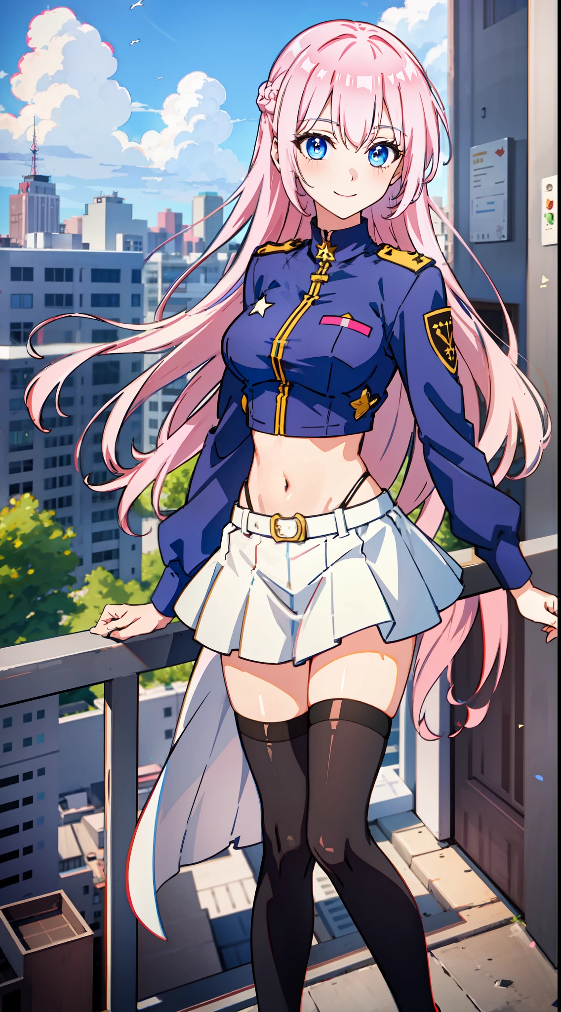 shikimori, slim legs, exposed navel, short skirt, beautiful eyes, blue eyes, happy, soldier uniform, pink hair, long hair, thigh high socks, balcony, full body,