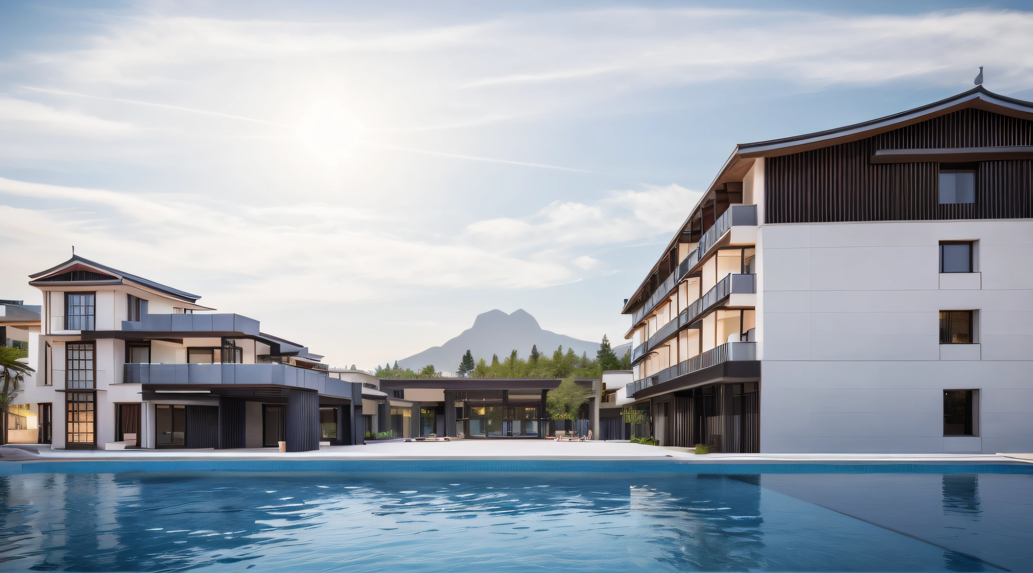 Lijiang，5 stars hotel，（tmasterpiece，and the sun was shining brightly，Strip light，suns，Sunnyday，white marble walls），The light-receiving surface of the building，A fusion of modern and vernacular architecture，The roof has curves and warping angles，realistic cgi render，archviz，blue-sky