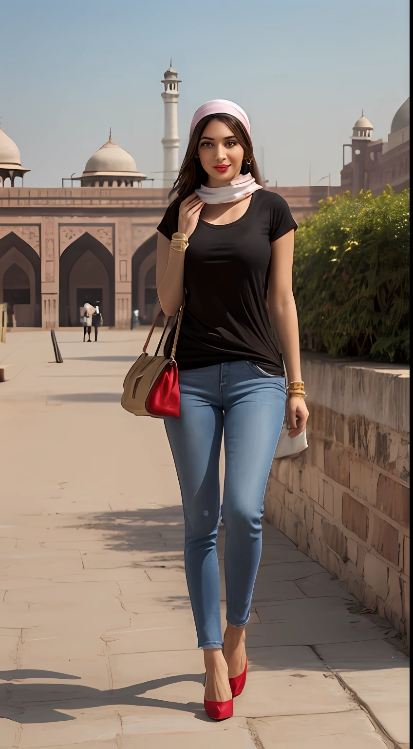 ((Best Quality, 8k, Masterpiece:1.3)), Focus: 1.2, Perfect Body Beauty: 1.4, front looking 1.2, (long straight hairstyle)), (Gray round neck plain Tee-shirt, regular fitting:1.1) , (sunny weather, Street:1.3), Baggy fitting jeans , full length blue baggy jeans: 1.1, Highly detailed face and skin texture, Detailed eyes, Double eyelids, toned body, Whitened skin, smile, black straight hair's, heels, firm breasts, firm thiges, looking at camera, fashion shoot style, polkadot scarves on head, full body length tee-shirt, Short sleeves, high heels, big earrings, hand bangle's and golden watch. Carrying brown hand bag, dark red lipstick, regular fit tee-shirt, lose baggy Teeshirt , standing at Lahore different locations including Lahore Badshahi Mosque, Delhi Gate Lahore Pakistan, wearing scarves on head,