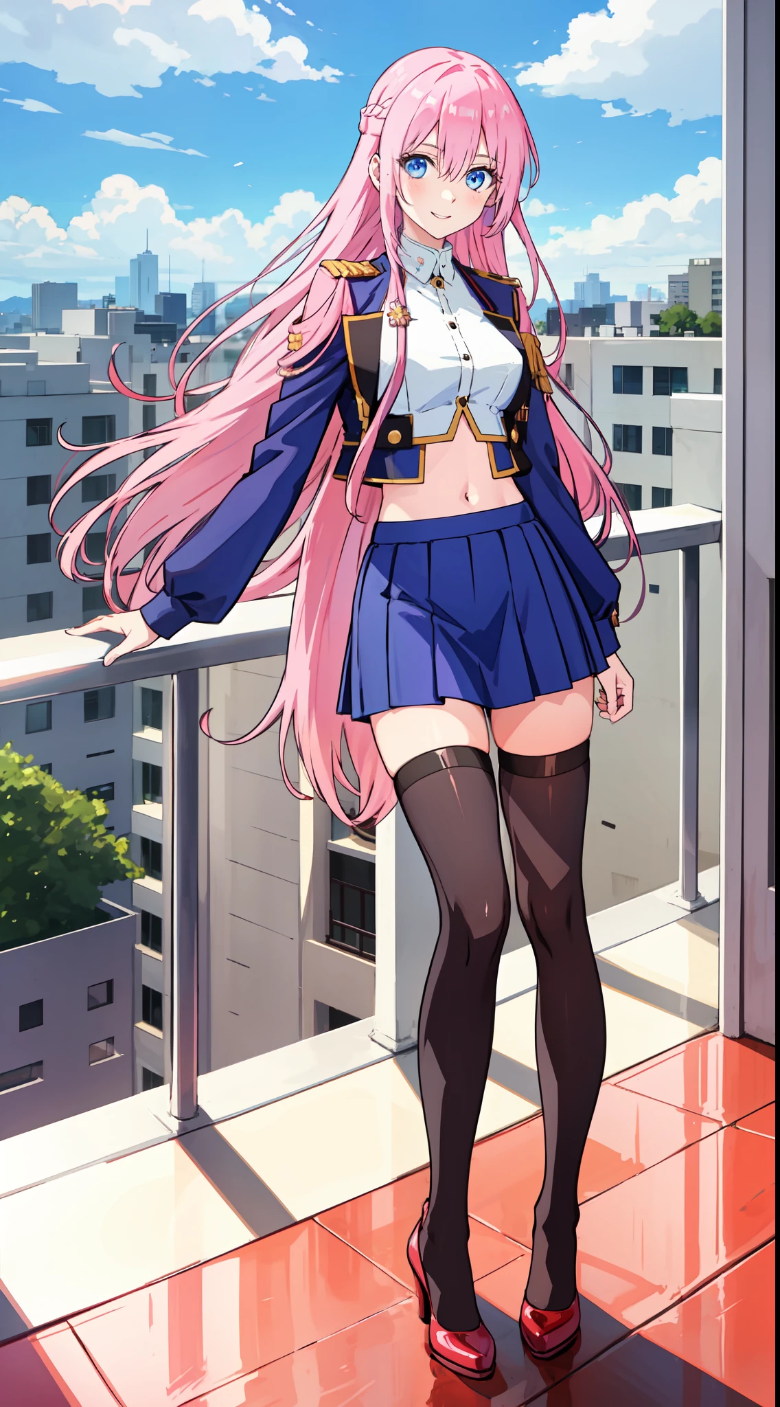 shikimori, slim legs, navel, short skirt, beautiful eyes, blue eyes, happy, soldier uniform, pink hair, long hair, thigh high socks, balcony, full body, leaning, tummy