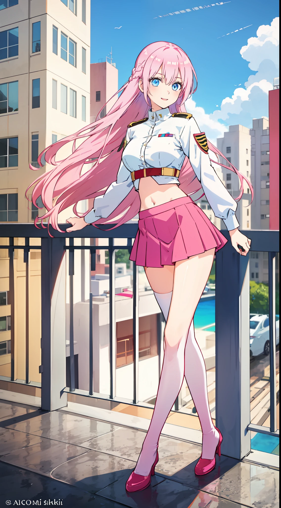 shikimori, slim legs, navel, short skirt, beautiful eyes, blue eyes, happy, soldier uniform, pink hair, long hair, thigh high socks, balcony, full body, leaning, tummy