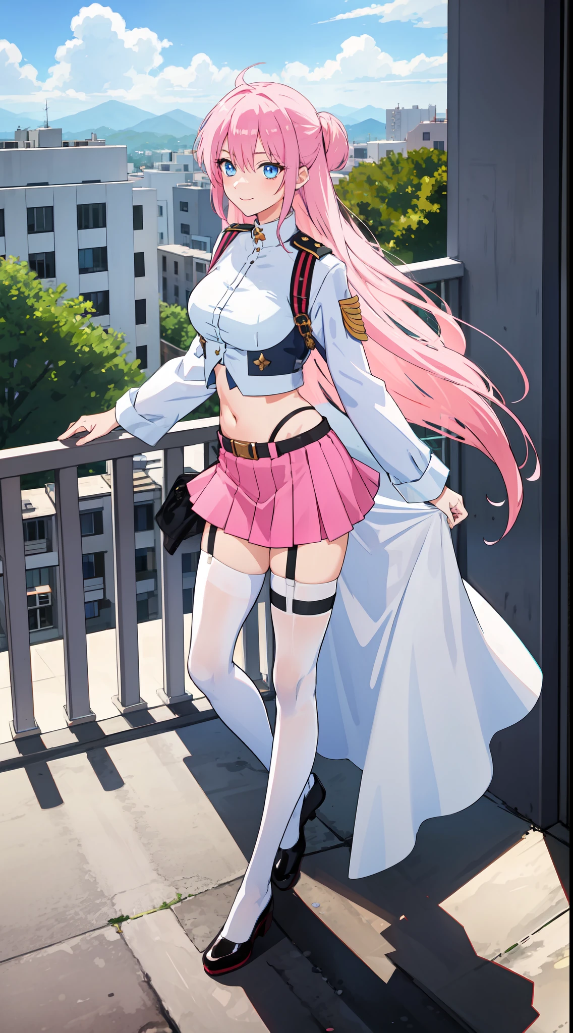 shikimori, slim legs, navel, short skirt, beautiful eyes, blue eyes, happy, soldier uniform, pink hair, long hair, thigh high socks, balcony, full body, leaning, tummy