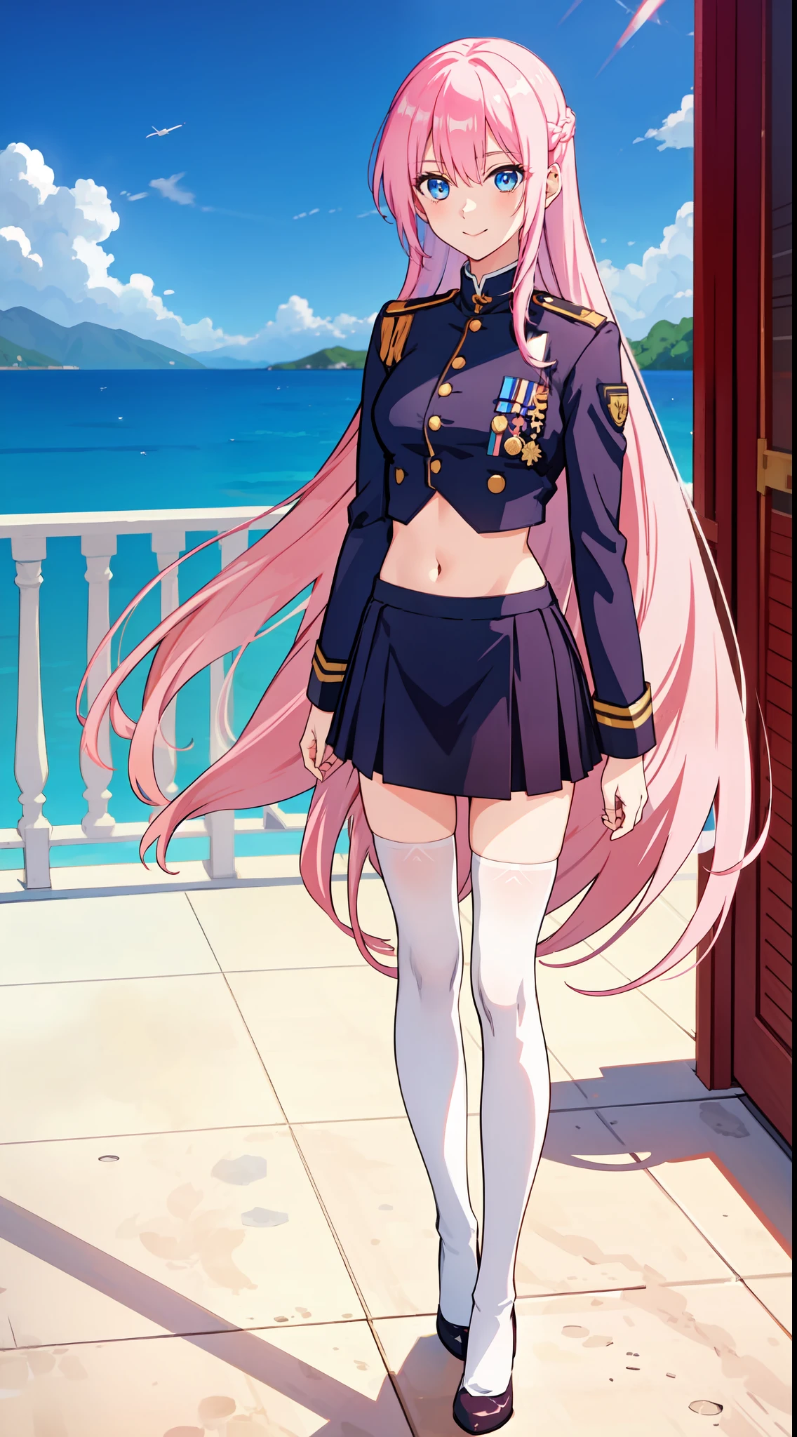 shikimori, slim legs, navel, short skirt, beautiful eyes, blue eyes, happy, soldier uniform, pink hair, long hair, thigh high socks, balcony, full body, leaning, tummy