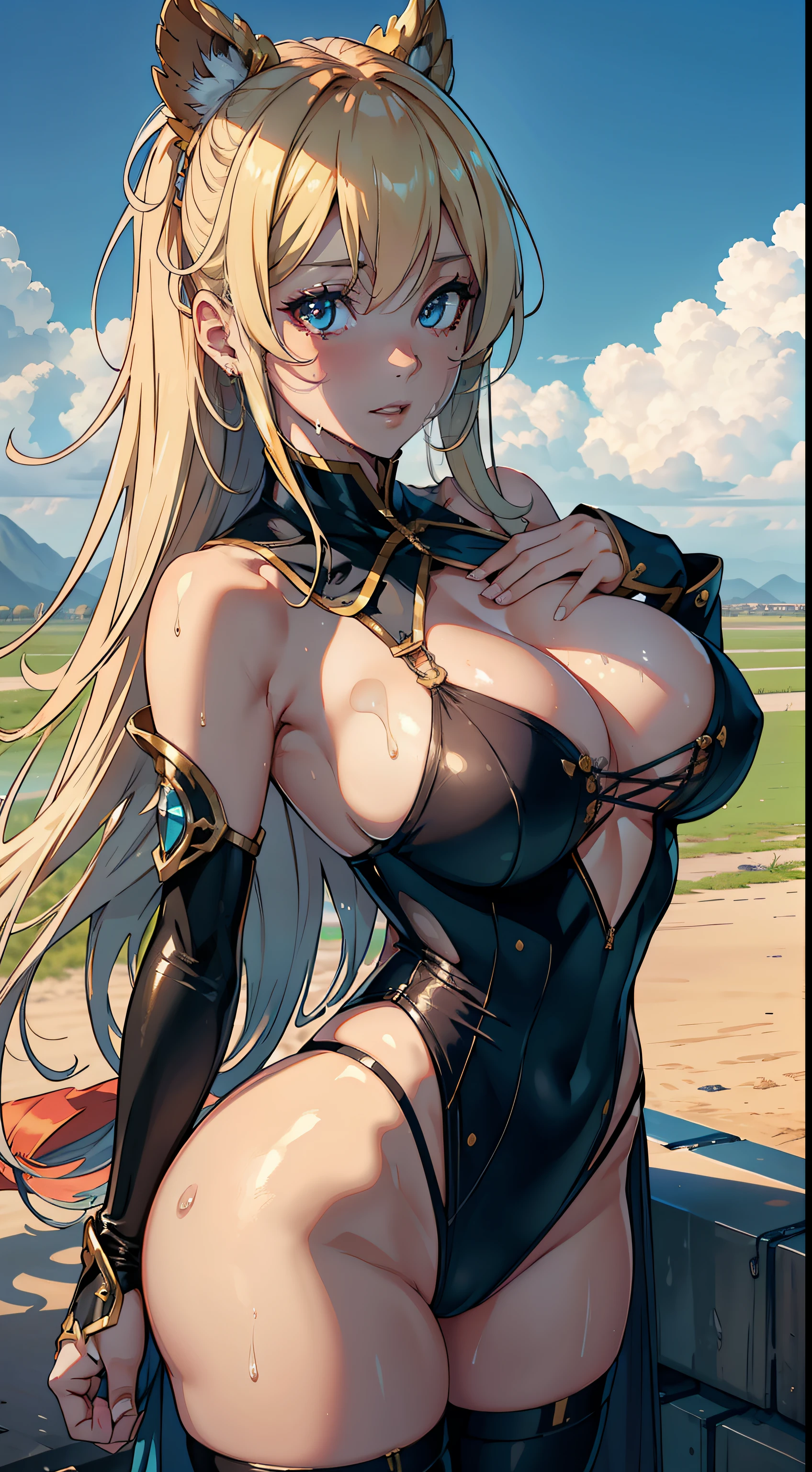 1girll，Huge breasts， She's wet， Erotic Zhongshan costume，Stand in front of the fighter，Desert airfield，比基尼，Take aphrodisiacs，Lewd expression， exteriors， Skysky，the night， blond hairbl，， exposed bare shoulders， standing on your feet，Hands over chest，fully body photo，Bigchest， wetclothes， From the front side， hair straight， mostly cloudy sky， Wet hair （（（tmasterpiece），（Very detailed CG unity 8K wallpaper），best qualtiy，Open-mouthed，drools，1个Giant Breast Girl，cinmatic lighting，detailed back ground，beatiful detailed eyes，Bright pupils，（Very fine and beautiful），（Beautiful and detailed eye description），ultra - detailed，tmasterpiece，）），facing at camera，Leakage out of the breast，Expose the genitals，nakeness，leering，Protruding ，Camel toes，cleavage，legs are open，Climactic expression，