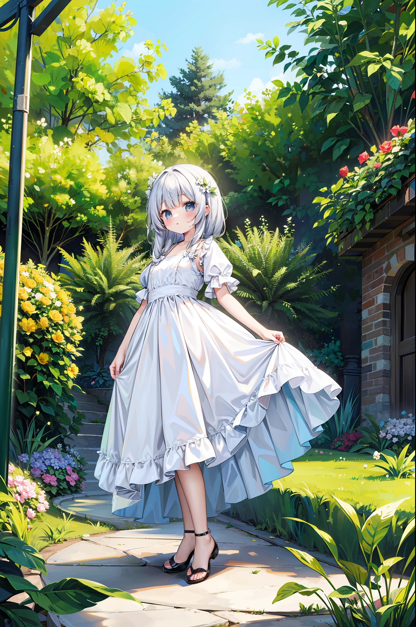 A beautiful dream princess. Ella lleva un hermoso vestido y un bonito peinado. She is standing in front of a large garden of small flowering plants...