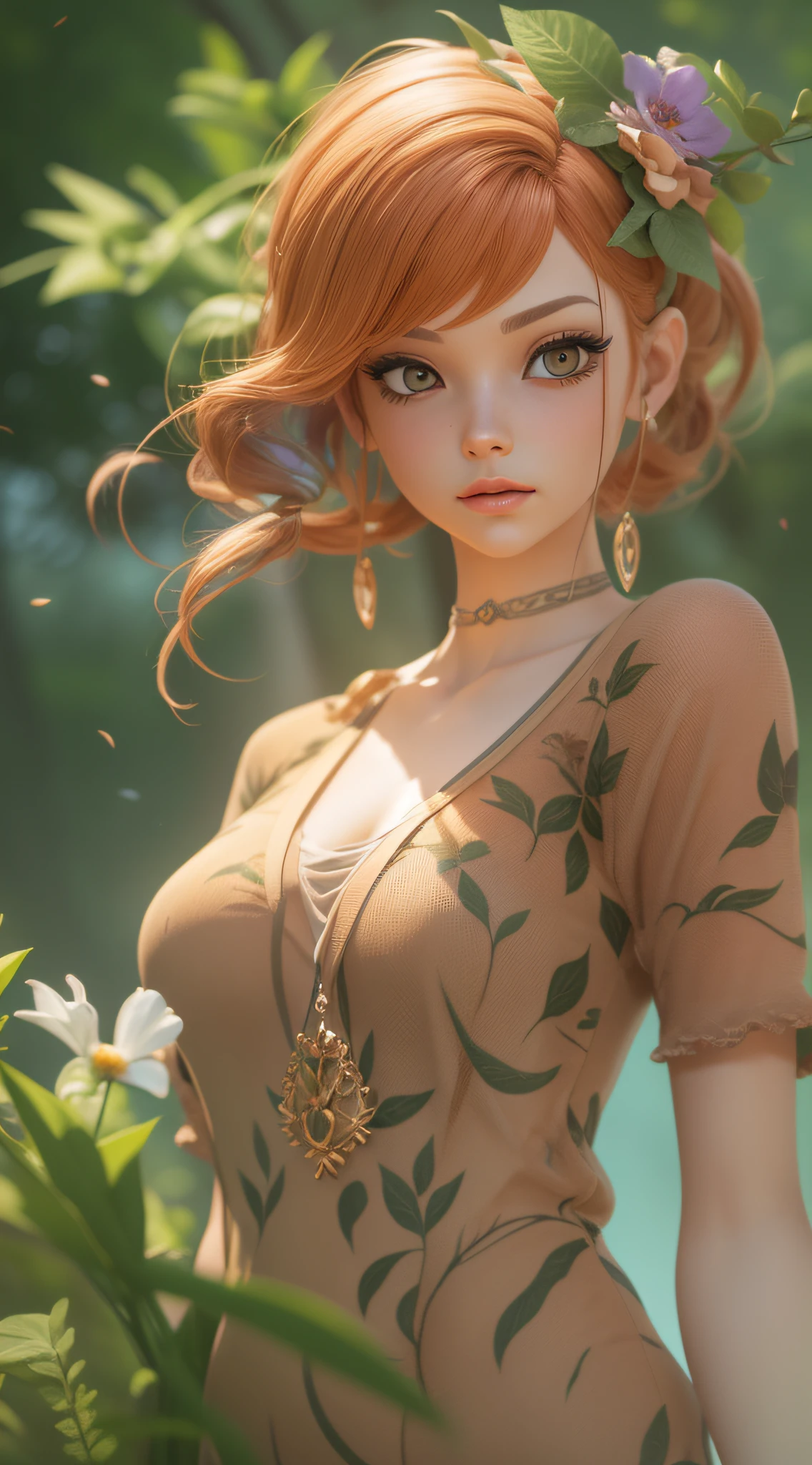 a beautiful woman, peach hair, Surrounded by trees, see-through dress, hair exploding into multicolored flowers, finely detailed features, intricate brush strokes, beautiful lighting,  Cinematic, Color Grading, Depth of Field, intricate details, Unreal Engine, Character Concept Art, creative, expressive, stylized anatomy, digital art, 3D rendering, unique, award-winning, Adobe Photoshop, 3D Studio Max, well-developed concept, distinct personality, consistent style, HW*