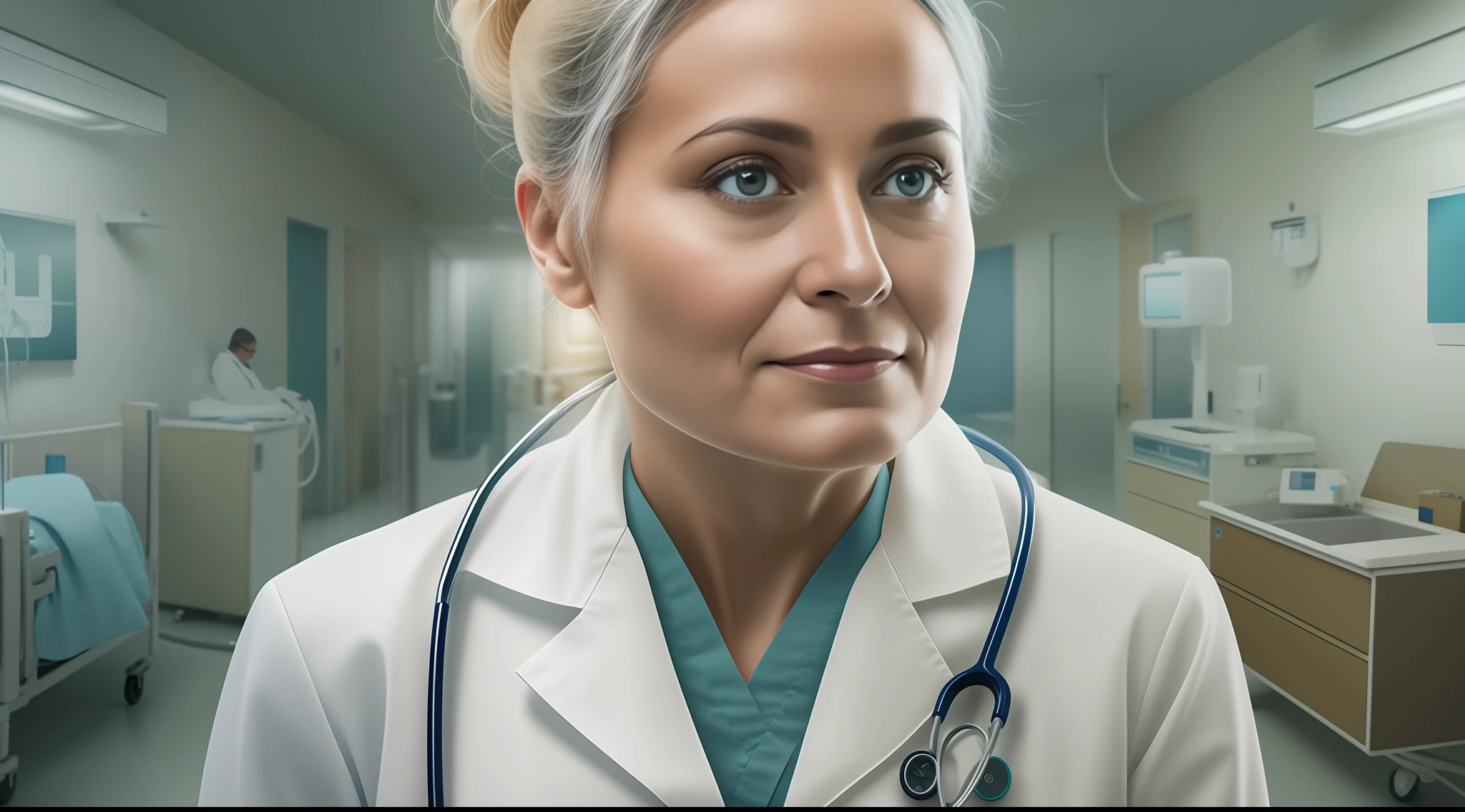 A portrait of a doctor women in hospital generated by AI that looks almost real.