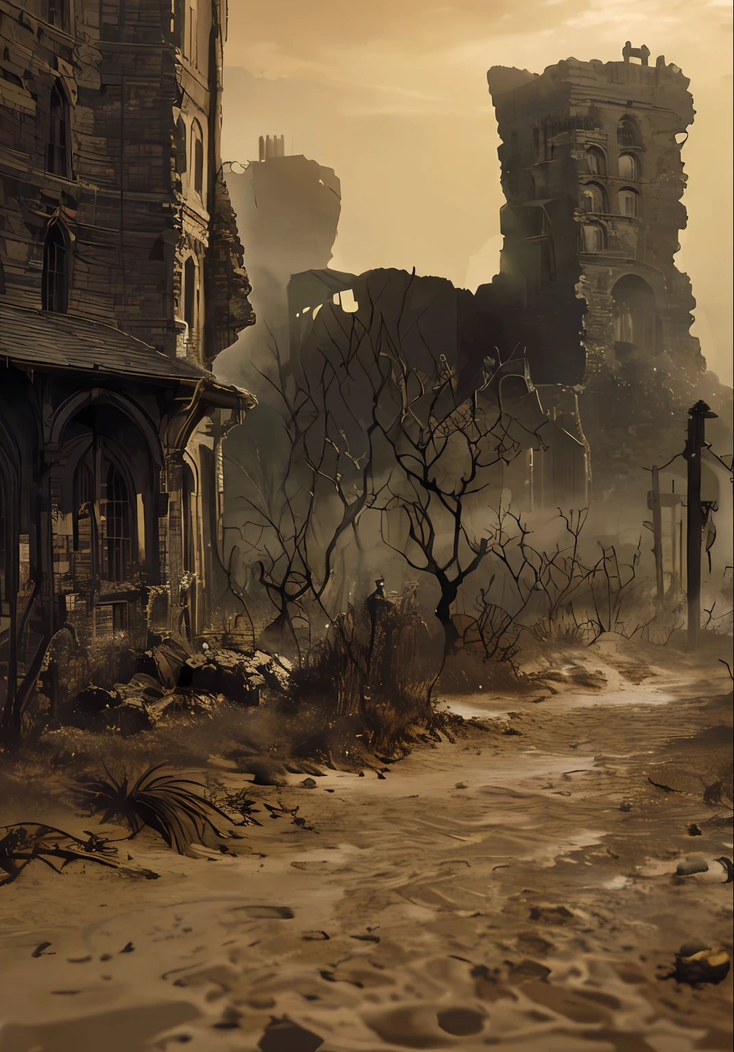 The gloomy landscape of the ruins of the city, buried in the sand. Gloom floats around, Only the stars shine in the sky.