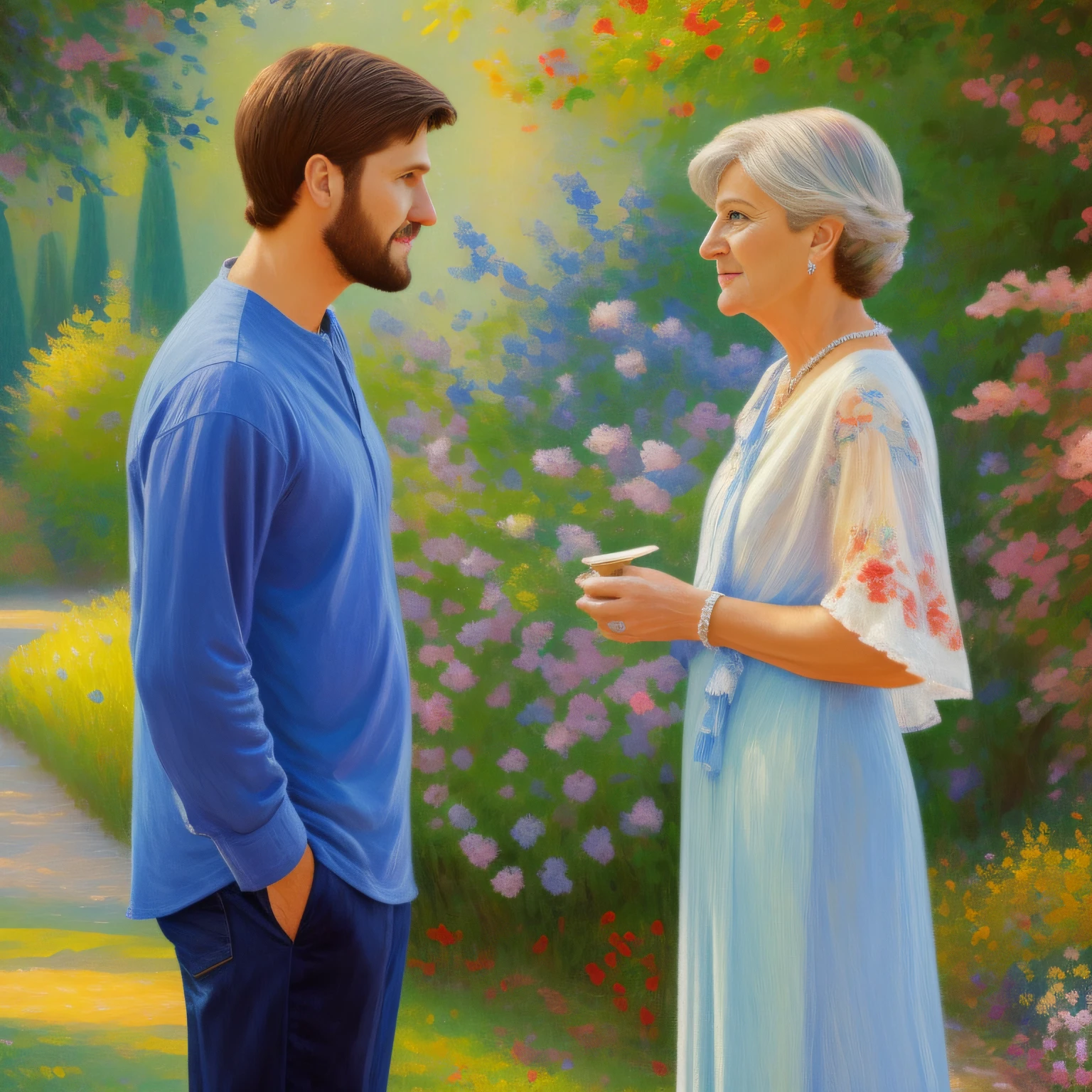 A mother-in-law talking to her son-in-law. Painting style: "impressionism", with well-defined vibrant colors in 8K. Painting in such a way that the characters are easily recognizable and reveal the perfection of the characters' facial expressions.