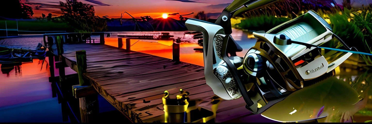 fishing rod and reel on the pier with a lake in the background, night setting, photo:, dusk setting, Fishing for large perch, looking forward, Looking at the horizon, Looking partially to the left, Evening at dusk, Evening sunset, summer evening, Looking at the horizon, photo still, Sci-fi gadgets in the pond, cover shot, accurate and detailed