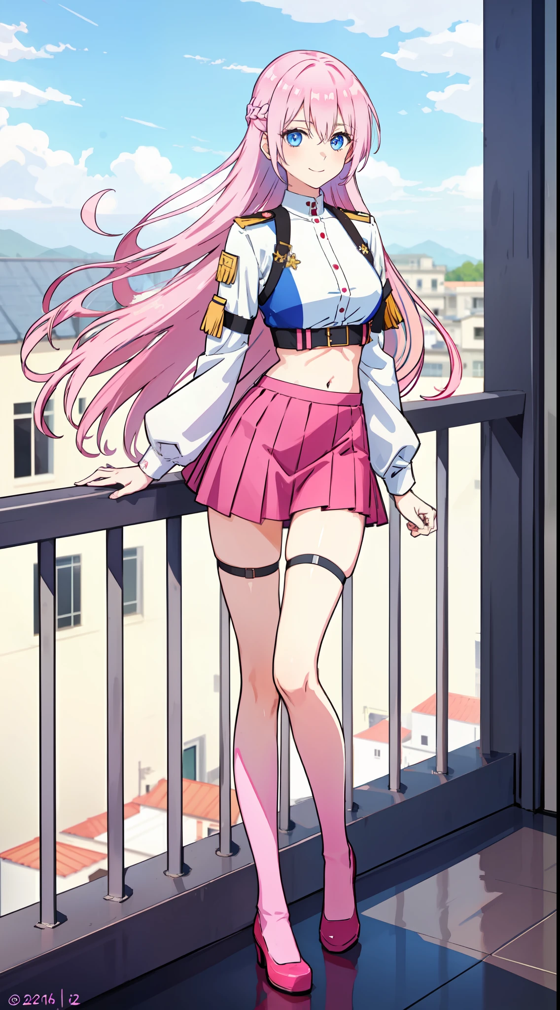 shikimori, slim legs, navel, short skirt, beautiful eyes, blue eyes, happy, soldier uniform, pink hair, long hair, thigh high socks, balcony, full body, leaning, tummy
