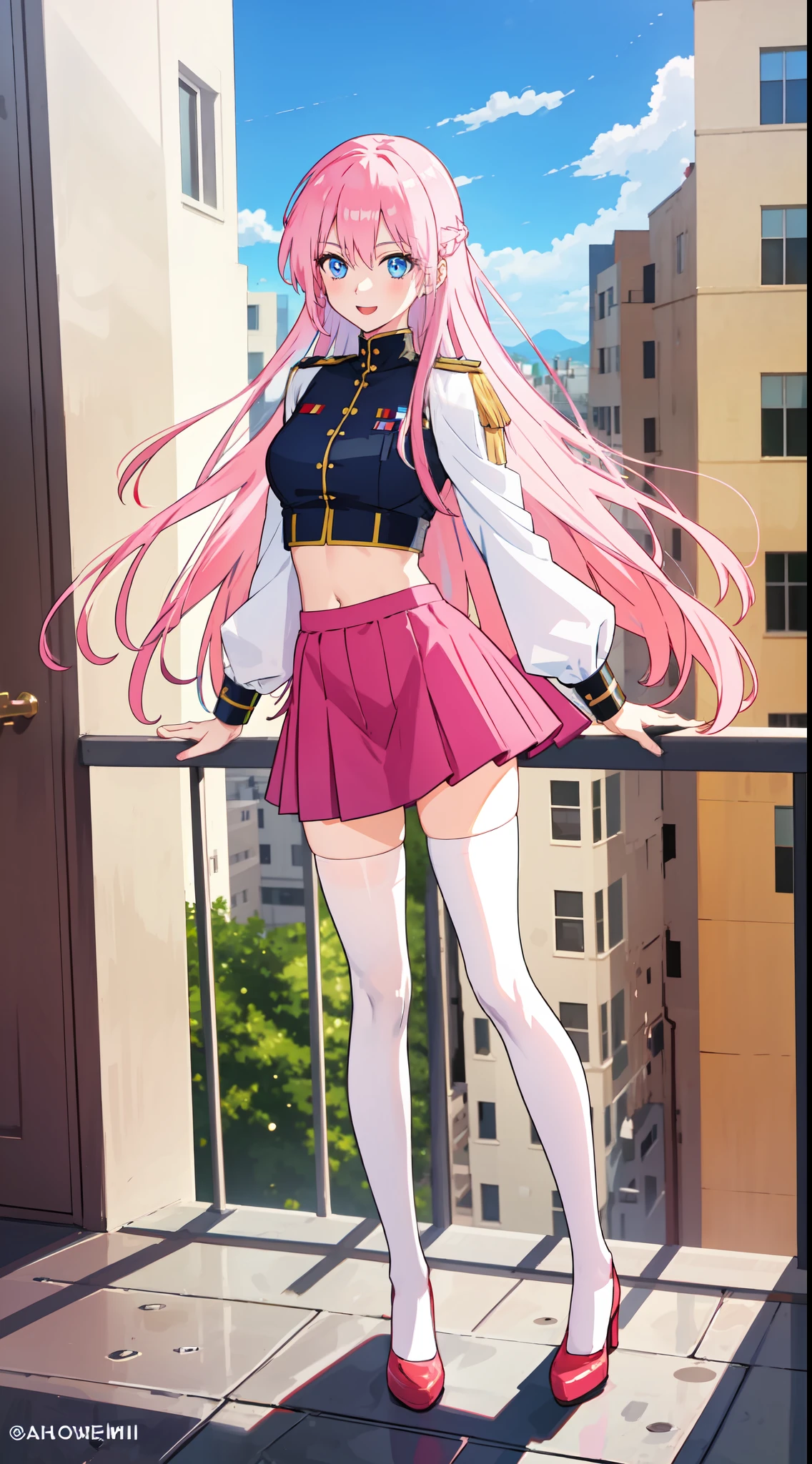 shikimori, slim legs, navel, short skirt, beautiful eyes, blue eyes, happy, soldier uniform, pink hair, long hair, thigh high socks, balcony, full body, leaning, tummy