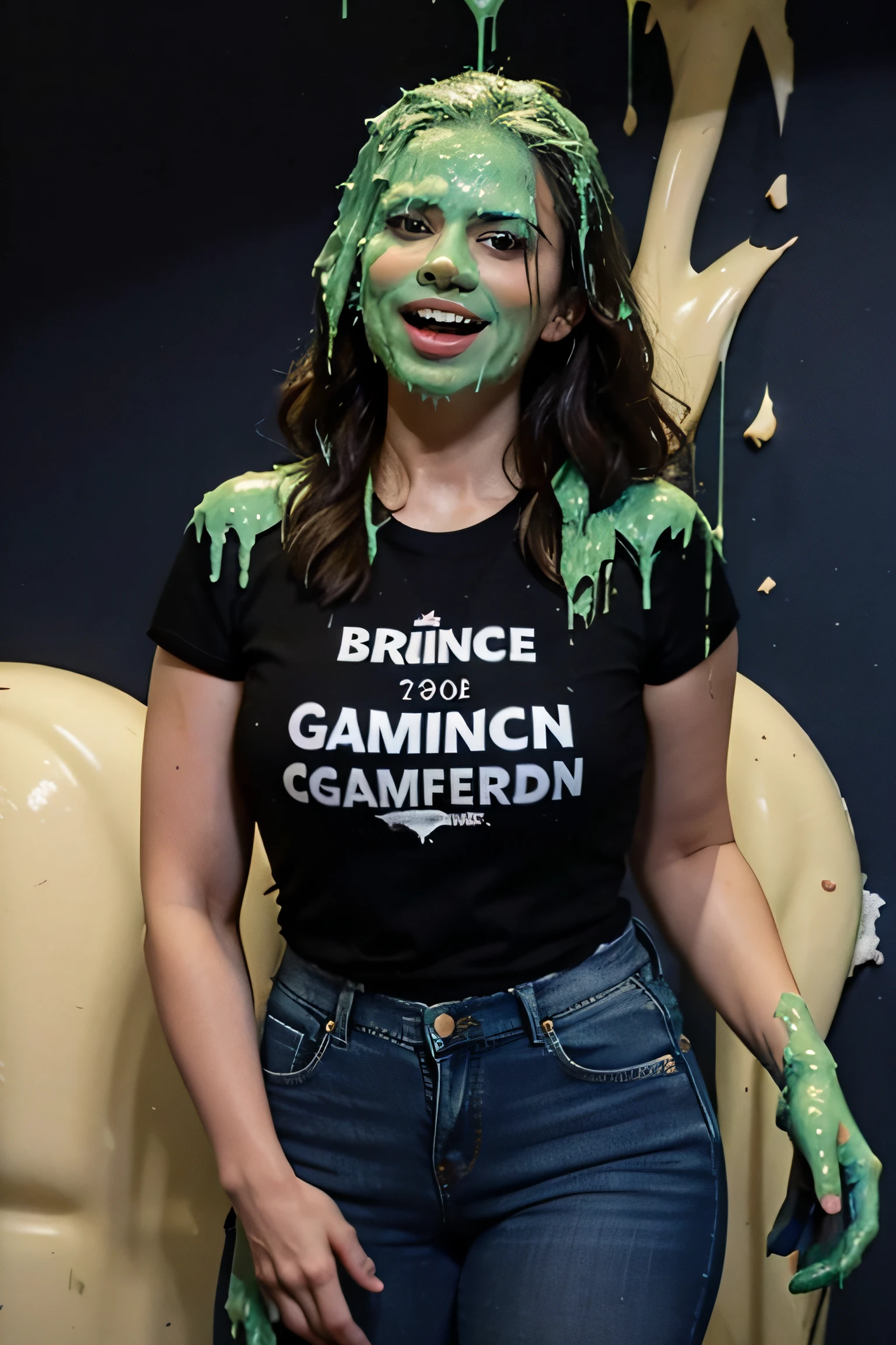8k, HD, masterpiece, photo-realistic, extreme texture, Hayley Atwell, (1 woman: 1.2), (tan skin: 1.1), wearing a (black crew neck t-shirt and blue jeans) business attire, standing, view from a distance, she looks up at camera, (slime drips down into her open mouth: 1.5), (television gameshow:1.2), Nickelodeon awards show, television studio