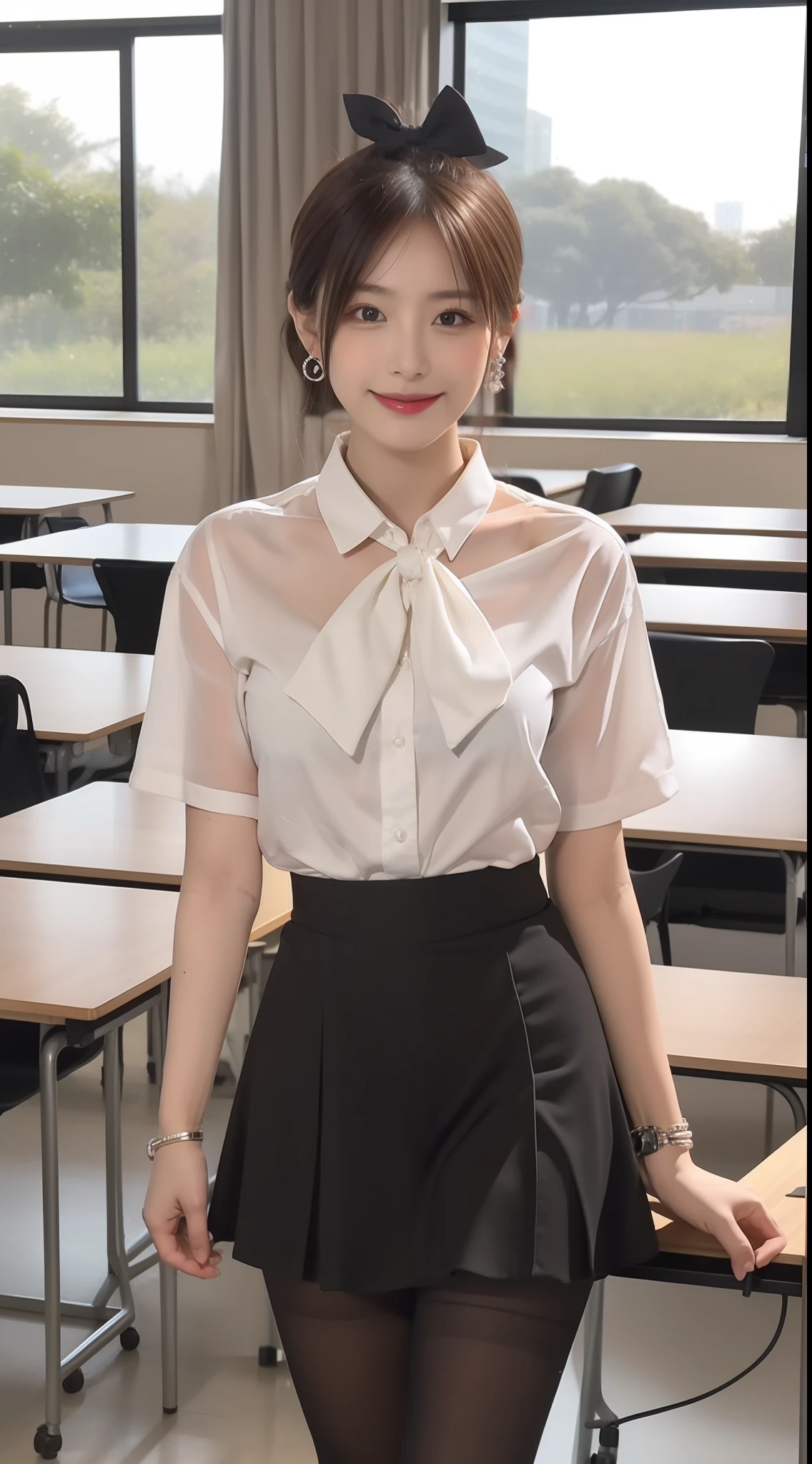 （true to life，Photorealistic 1.5）,((best qualtiy, 8K, tmasterpiece:1.3)),SLR camera (二重まぶた，largeeyes:1.3),（smile1.5），（Full body photo 1.5）（One person 1.5）Clear focus 1.2, Perfect body beauty:1.4 , Delicate skin1.1，（Short silver-white hair1.5），（Delicate facial features1.4），（Pure desire 1.3）(Black pantyhose 1.5)（The leg length is one meter two，1.5），Hair is slightly curled，White shirt，Bow knot，pleatedskirt，Slender legs，high-heels，With earrings，Wristband jade bracelet，In the computer classroom
