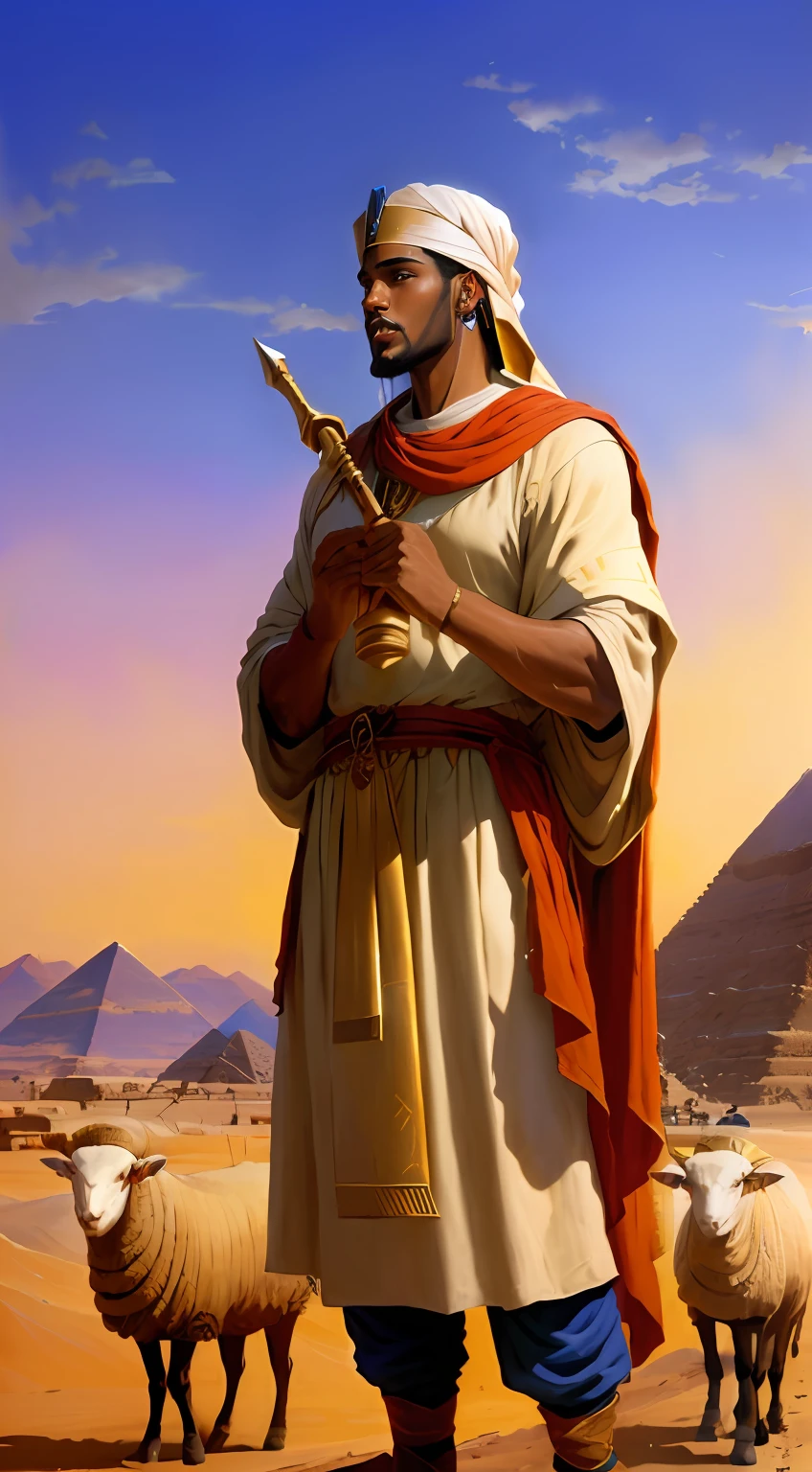 Painting of a man in a desert with sheep and pyramids, Egito Deus, prince of egypt, an arab standing watching over, Directed by: Thomas Blackshear, brown skin man egyptian prince, egyptian warrior, Directed by: Juan O'Gorman, man holding spear, Egyptian god, egyptian samurai, the egyptian god, inspirado em Thomas Blackshear, osiris, moses, wind egyptian god