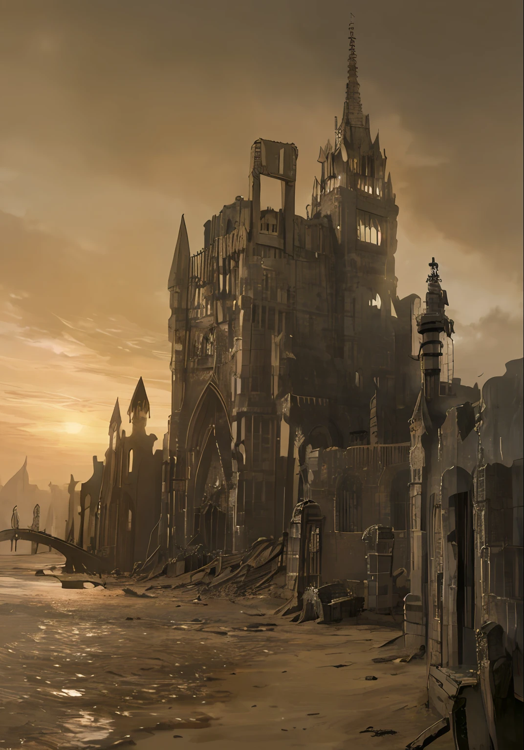 The gloomy landscape of the ruins of the city, buried in the sand. Gloom floats around, Only the stars shine in the sky.