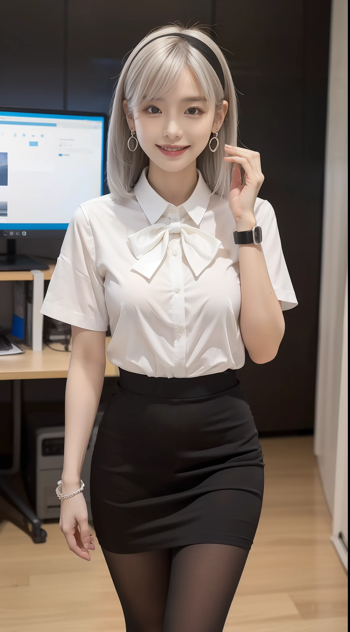 (true to life,Photorealistic 1.5),((best qualtiy, 8K, tmasterpiece:1.3)),SLR camera (二重まぶた,largeeyes:1.3),(smile1.5),(Full body photo 1.5)(One person 1.5)Clear focus 1.2, Perfect body beauty:1.4 , Delicate skin1.1,(Short silver-white hair1.5),(Delicate facial features1.4),(Pure desire 1.3)(Black pantyhose 1.5)(The leg length is one meter two,1.5),Hair is slightly curled,White shirt,Bow knot,pleatedskirt,Slender legs,high-heels,With earrings,Wristband jade bracelet,In the computer classroom