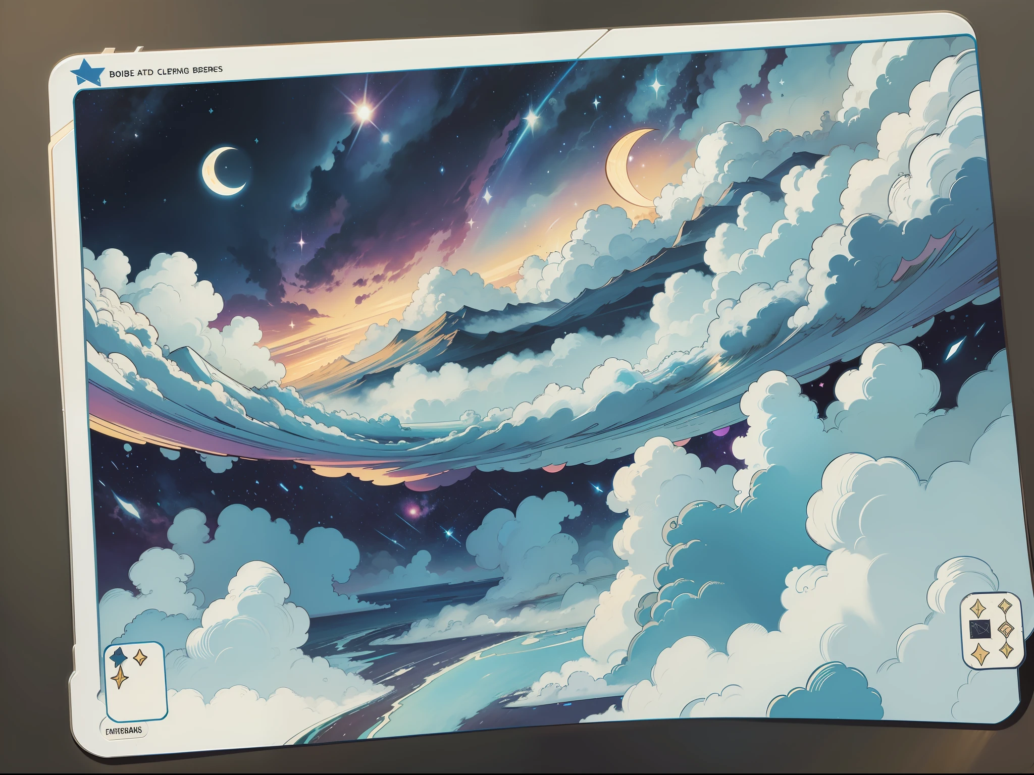 The bottom plate is wrapped in colorful clouds under the stars，There is a card on it，Overall hand-drawn comic book style，without humans