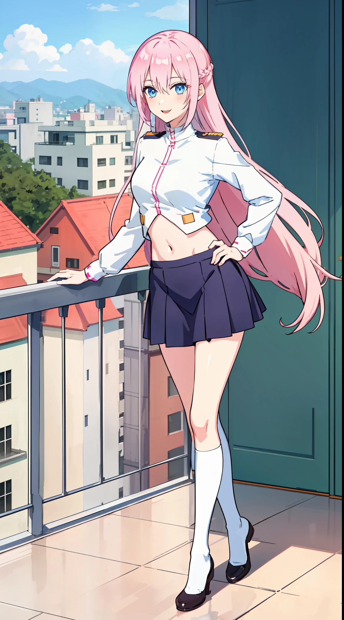 shikimori, slim legs, navel, short skirt, beautiful eyes, blue eyes, happy, soldier uniform, pink hair, long hair, thigh high socks, balcony, full body, leaning, tummy
